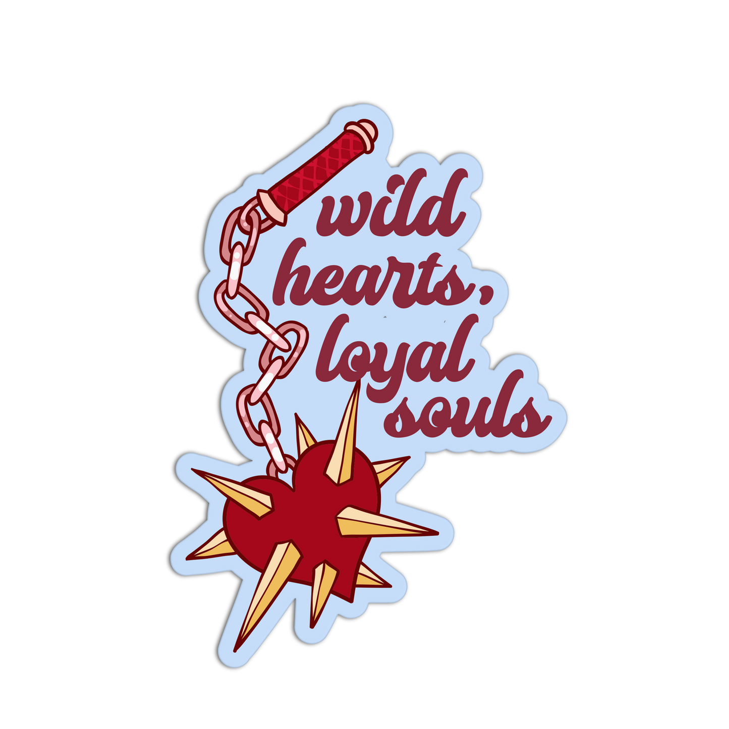 Sticker with a heart, chain, and sword design with 'wild hearts, loyal souls' text on a white background.