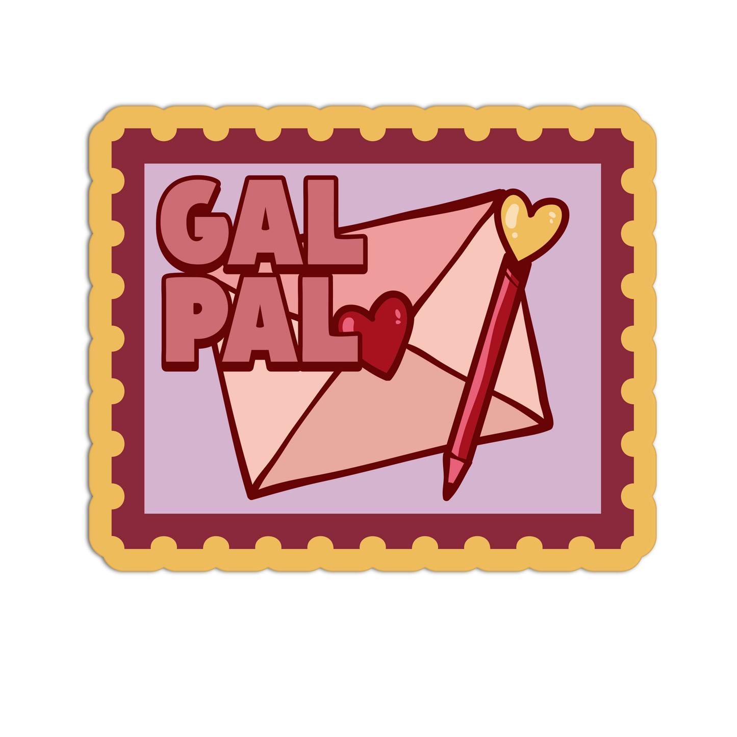 Illustration of a card with 'GAL PAL' text, envelope, and hearts on a white background