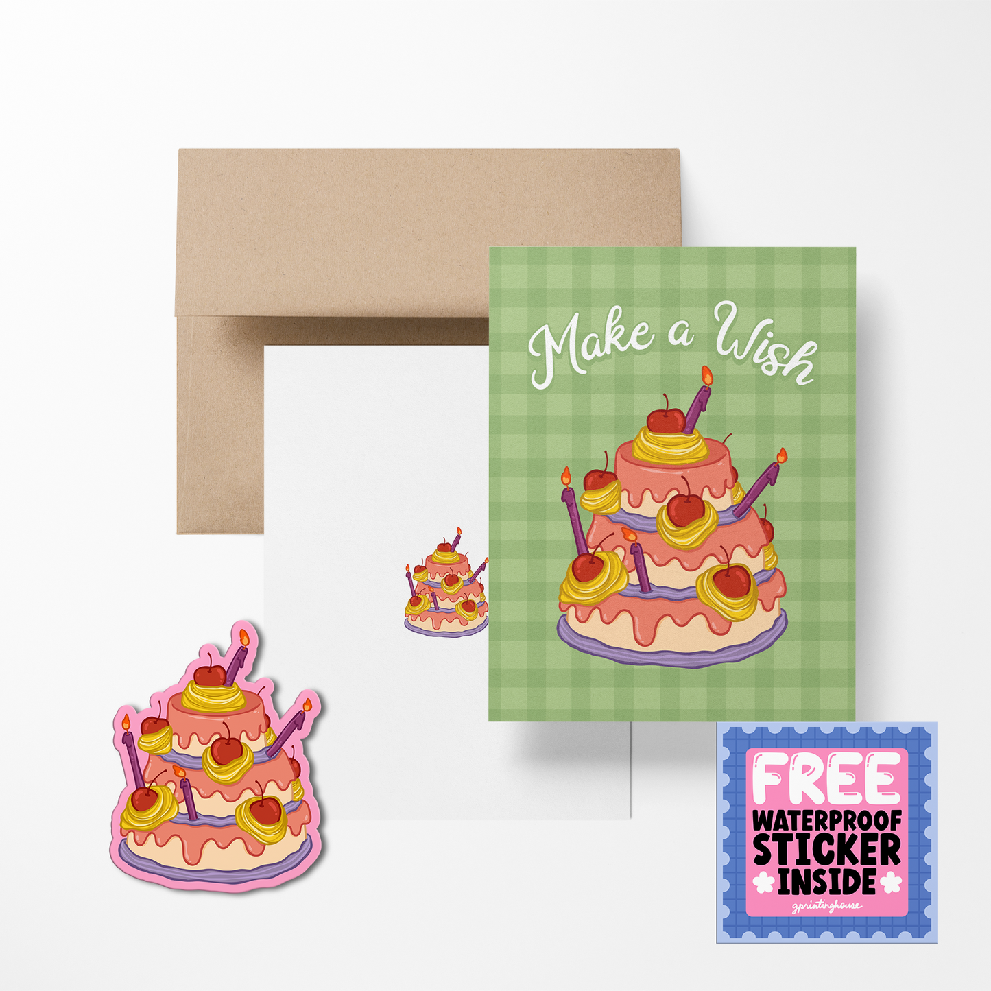 Greeting card with cake illustration and envelope, featuring a free waterproof sticker.
