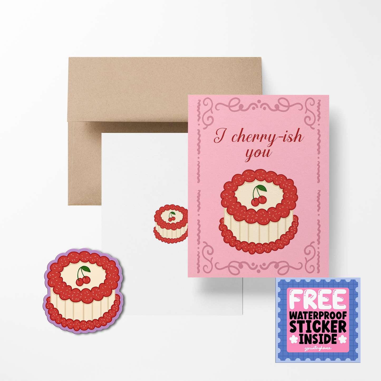 Card with cherry-themed design and envelope, featuring a free waterproof sticker.