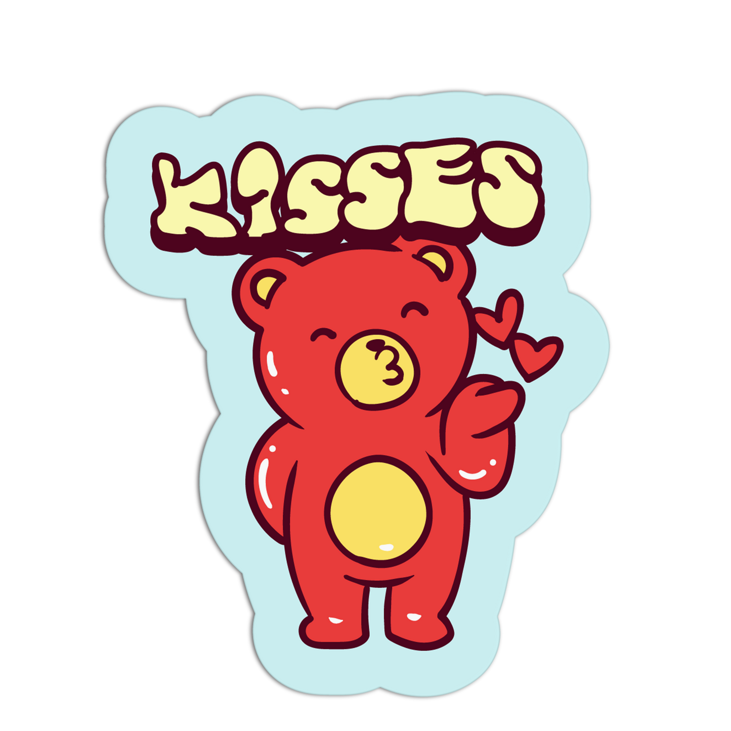 Sticker of a red bear with 'Kisses' text on a light blue background