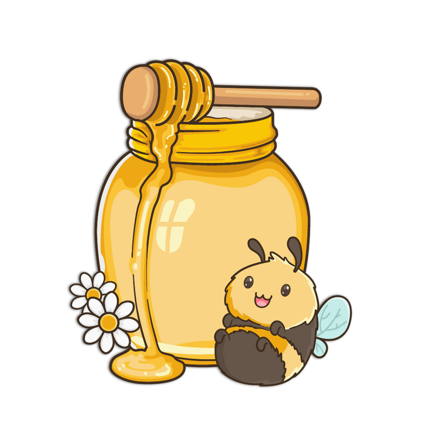 Cartoon bee next to a honey jar with a honey dipper on a white background
