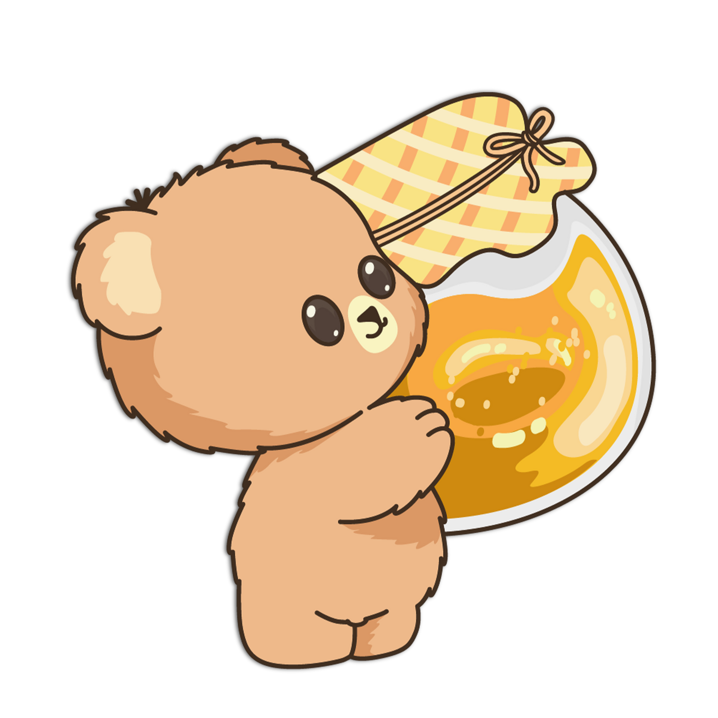 Cartoon bear holding a jar of honey on a white background