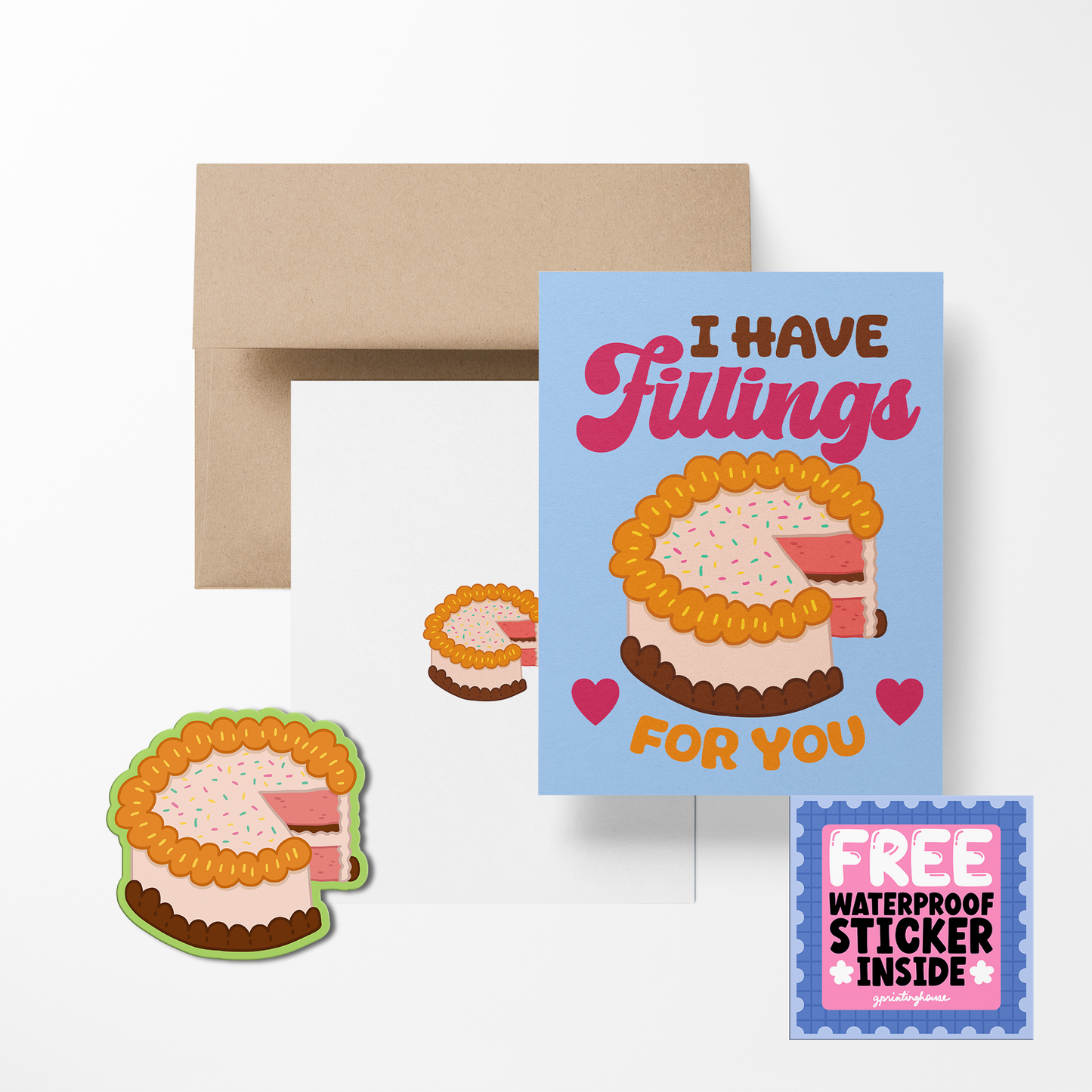 Greeting card with cookie illustration and free sticker offer on a white background
