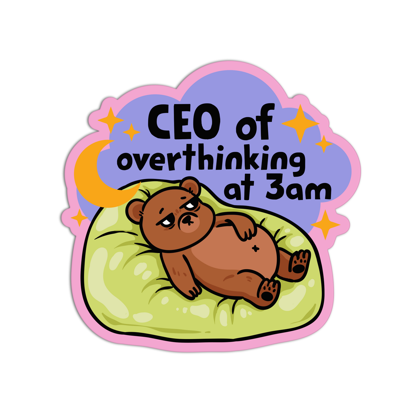 Sticker with a bear lying on a pillow and text 'CEO of overthinking at 3am' on a purple cloud background.