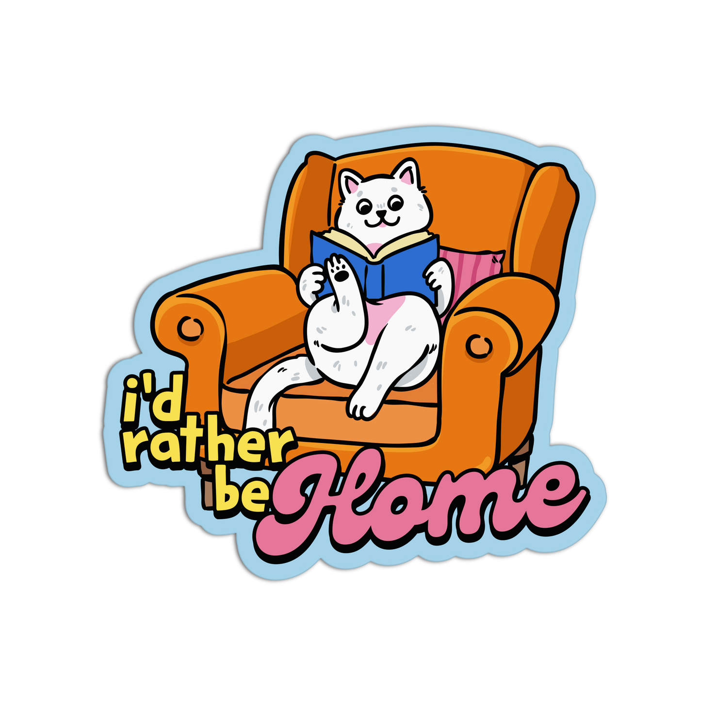 Cartoon cat on an armchair with a book, surrounded by text 'i'd rather be home' on a white background.