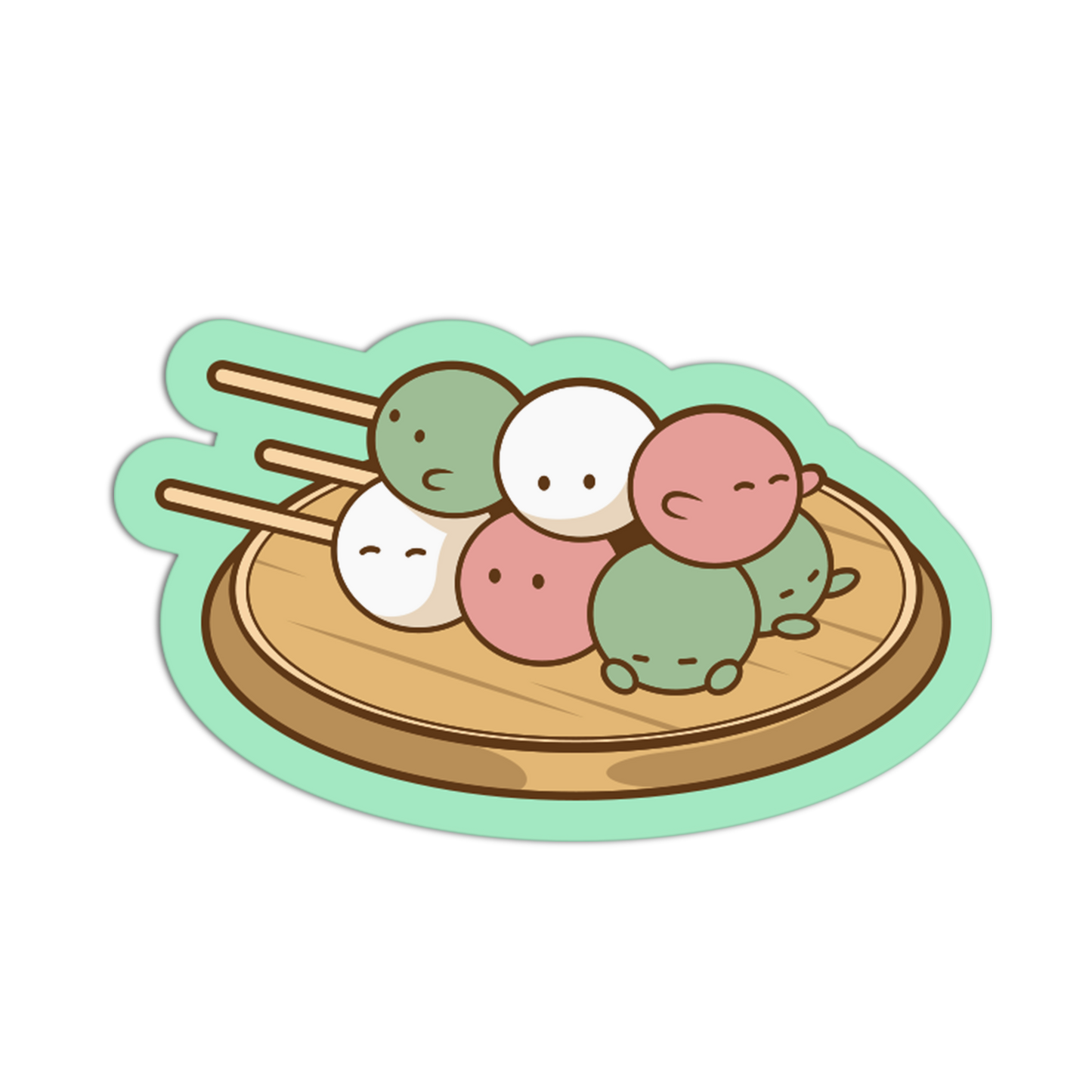 A cartoon sticker or decal showing a group of cute round mochi balls on wooden skewers over a round wooden plate, outlined with a mint green border on a plain white background.