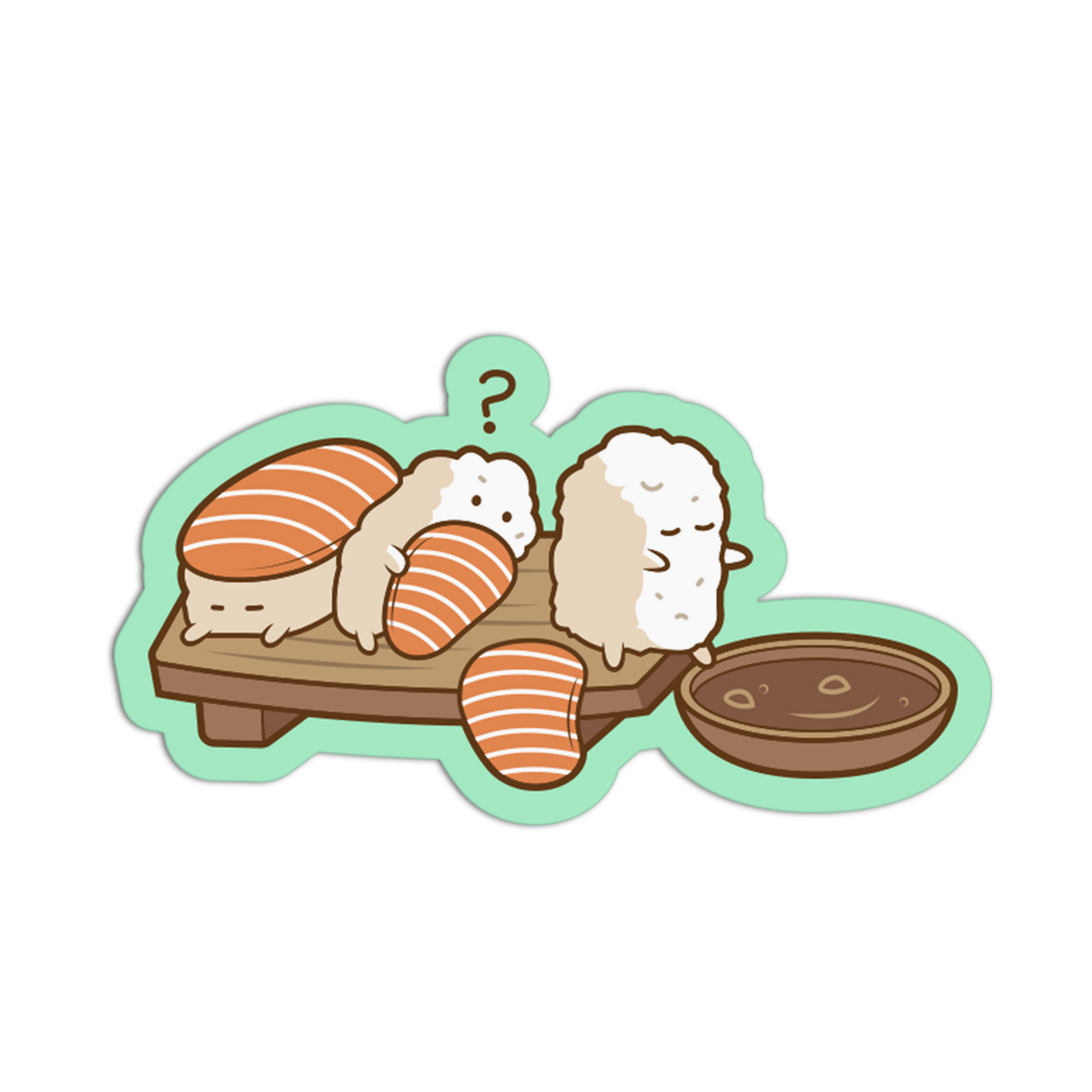 A cute cartoon sticker or decal showing three small sheep-like characters resting on sushi pieces on a wooden plate, with a bowl of sauce beside them, all on a white background.