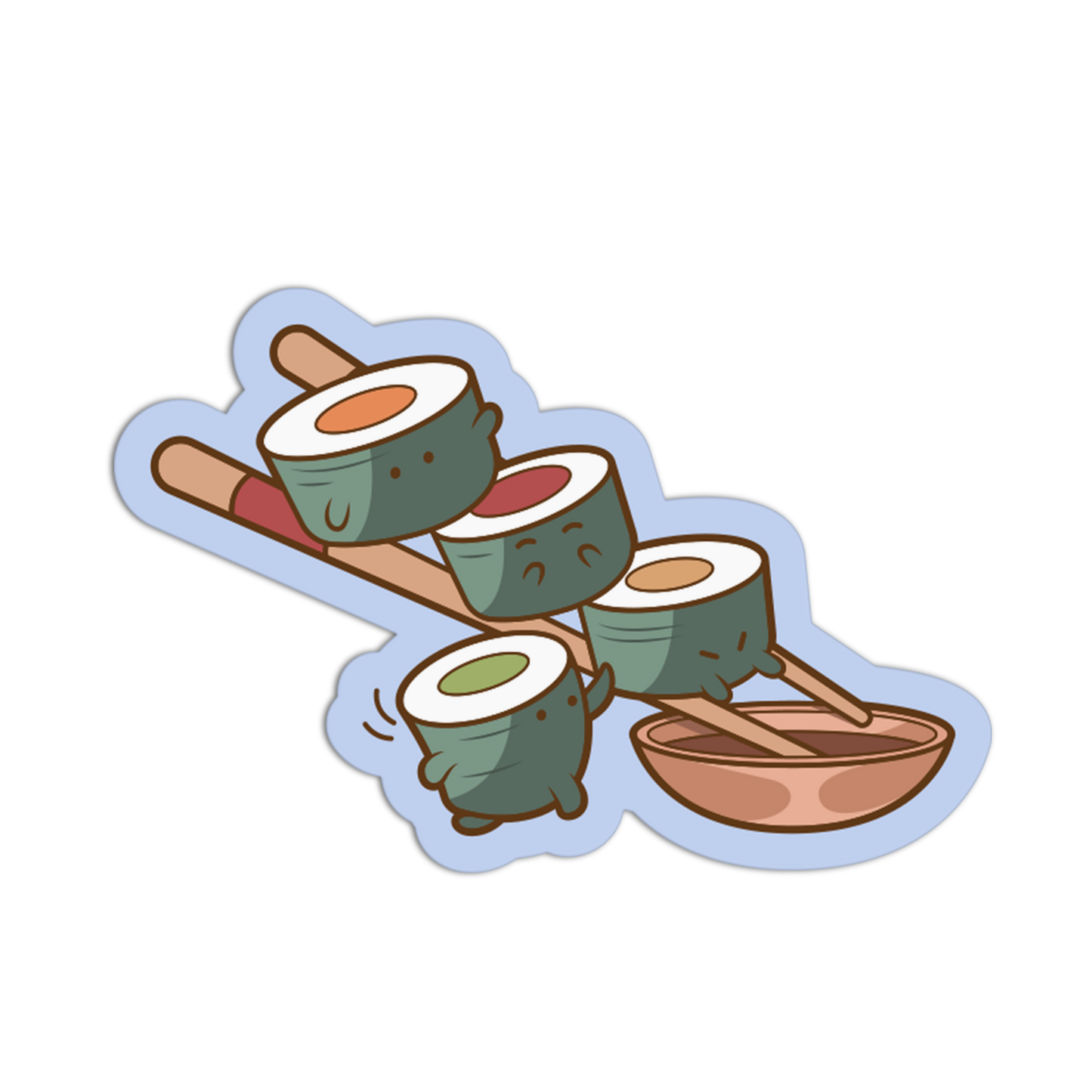 A cartoon sticker-style illustration of four sushi rolls balanced on chopsticks next to a small bowl, shown on a plain white background.