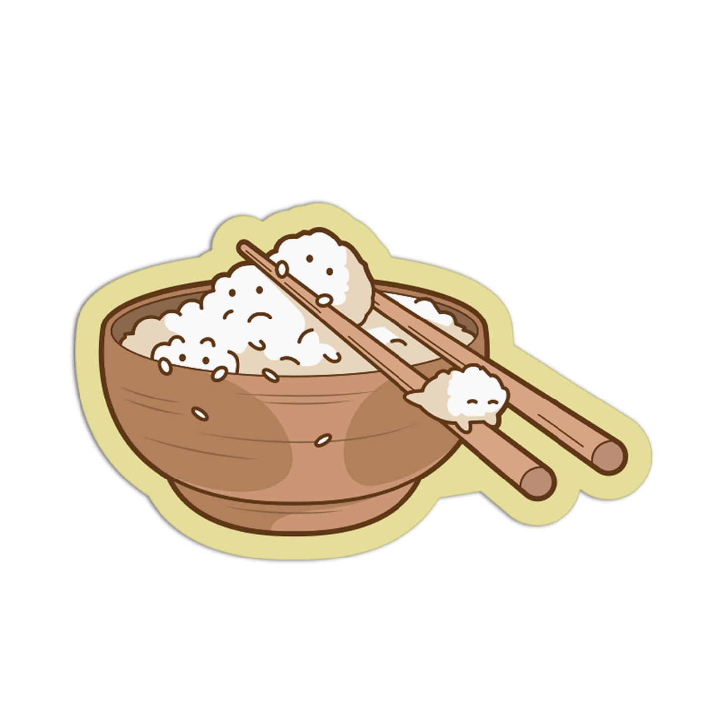 A cartoon-style die-cut sticker or decal showing a brown bowl filled with white rice, with chopsticks resting across the top and a small smiling rice ball on the chopsticks, on a plain white background.