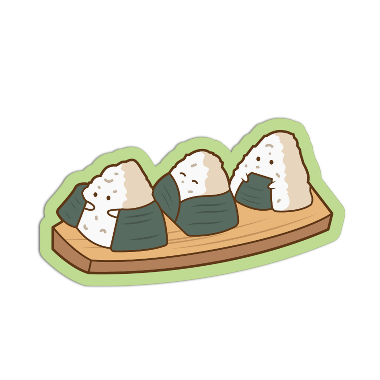 A cute cartoon sticker or graphic of three smiling onigiri (rice balls) wrapped in dark seaweed, arranged on a wooden serving board with a light green outline, shown on a plain white background.