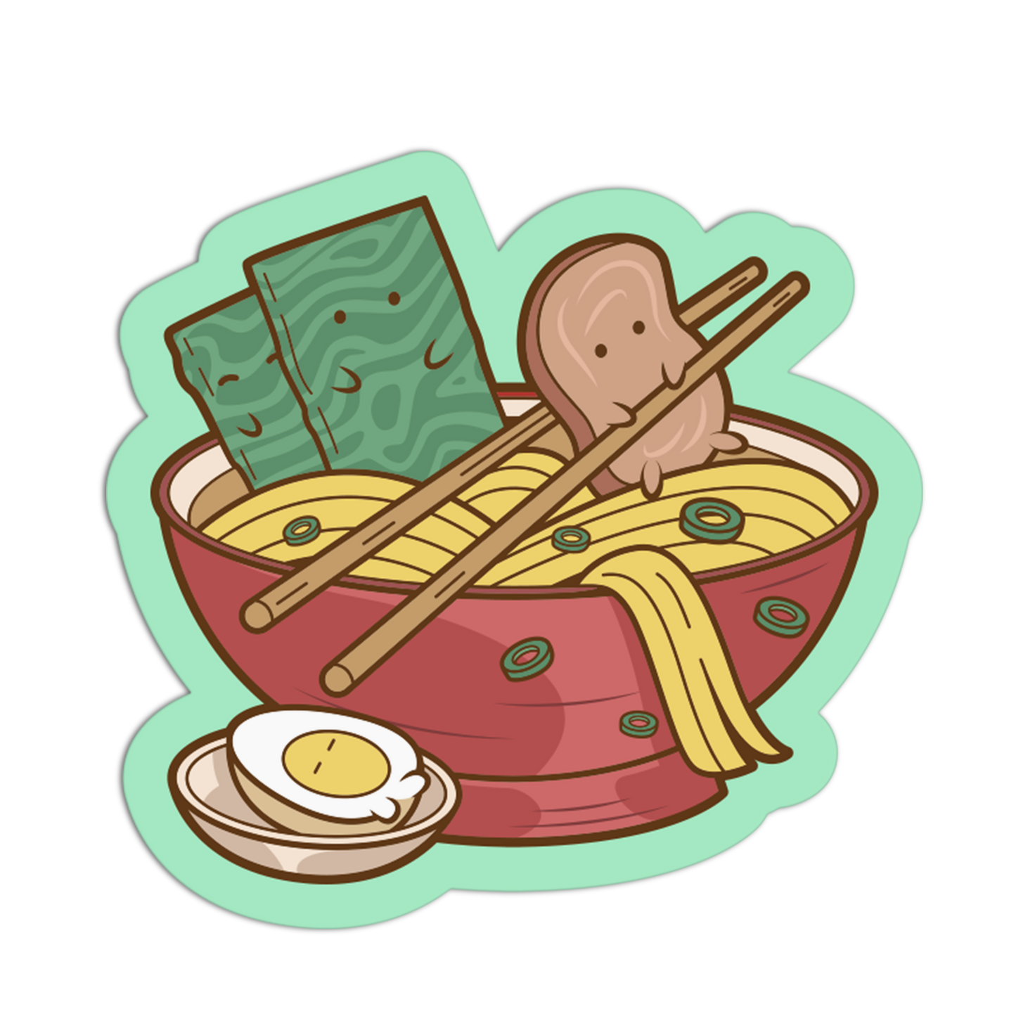 A cute cartoon illustration of a bowl of ramen with chopsticks, green seaweed, a slice of meat, noodles, a soft-boiled egg, and a small side dish, all arranged inside a mint-green die-cut outline on a plain white background.