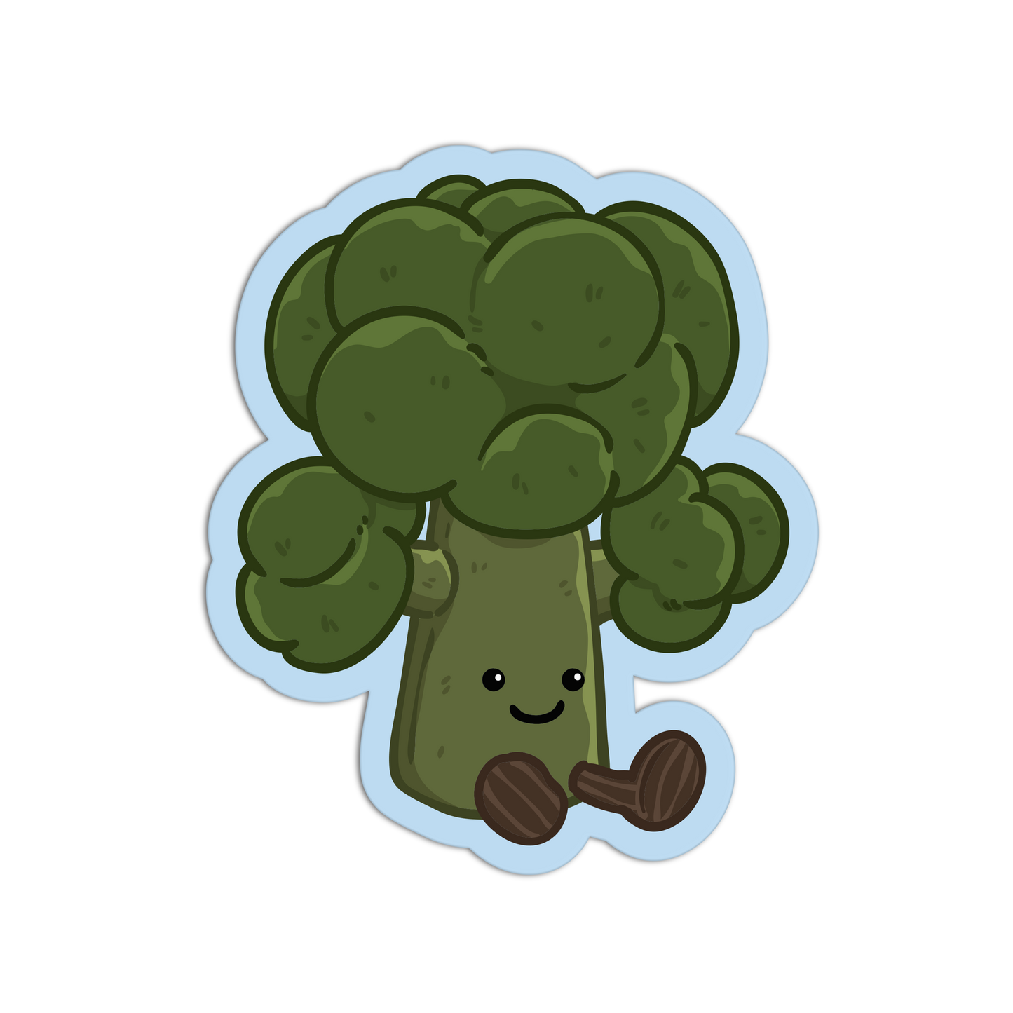 Cartoon broccoli character with a happy face on a white background