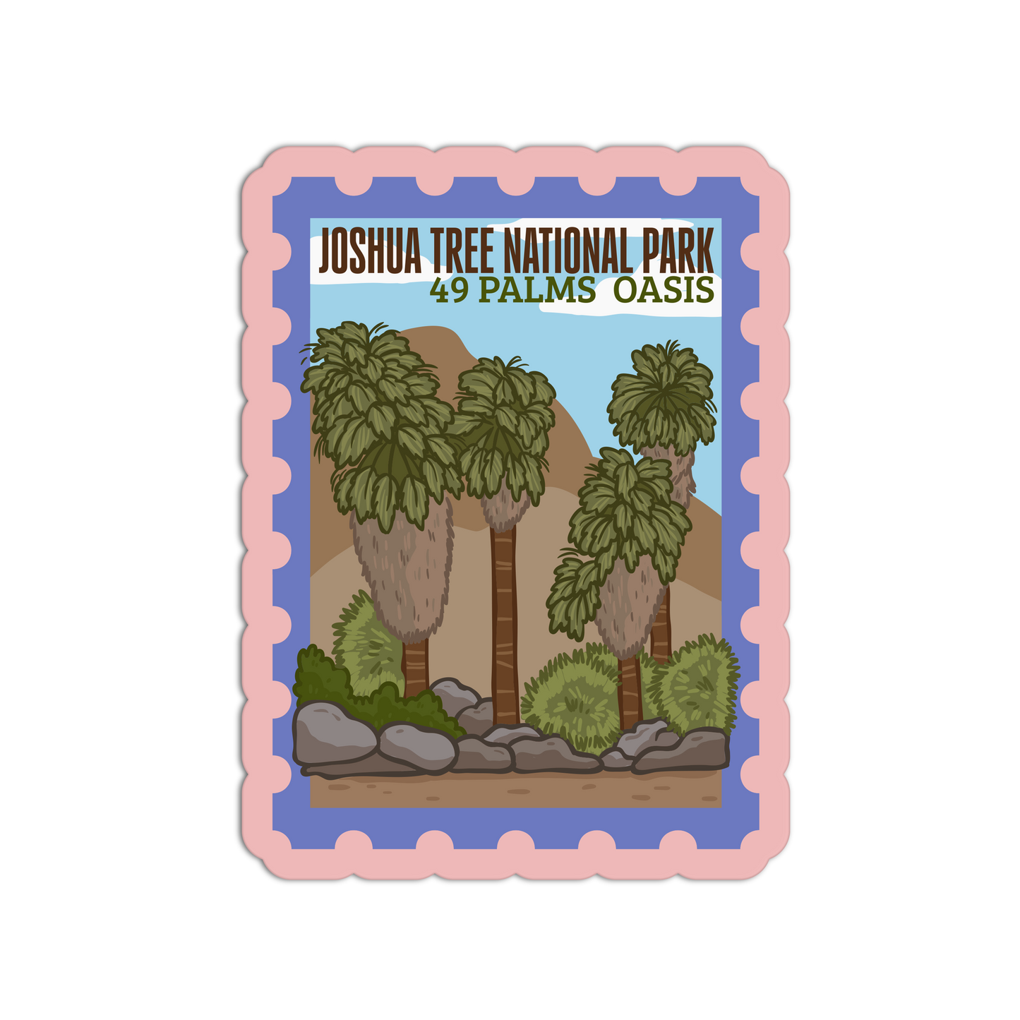 Sticker of Joshua Tree National Park with palm trees and text on a white background