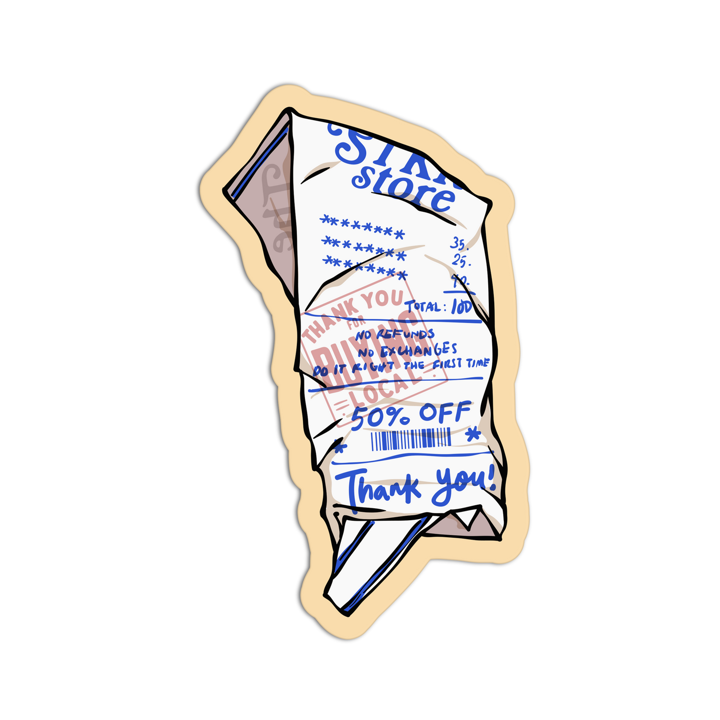 A die-cut sticker shaped like a crumpled store receipt, featuring blue printed text and barcodes with a beige outline on a white background.