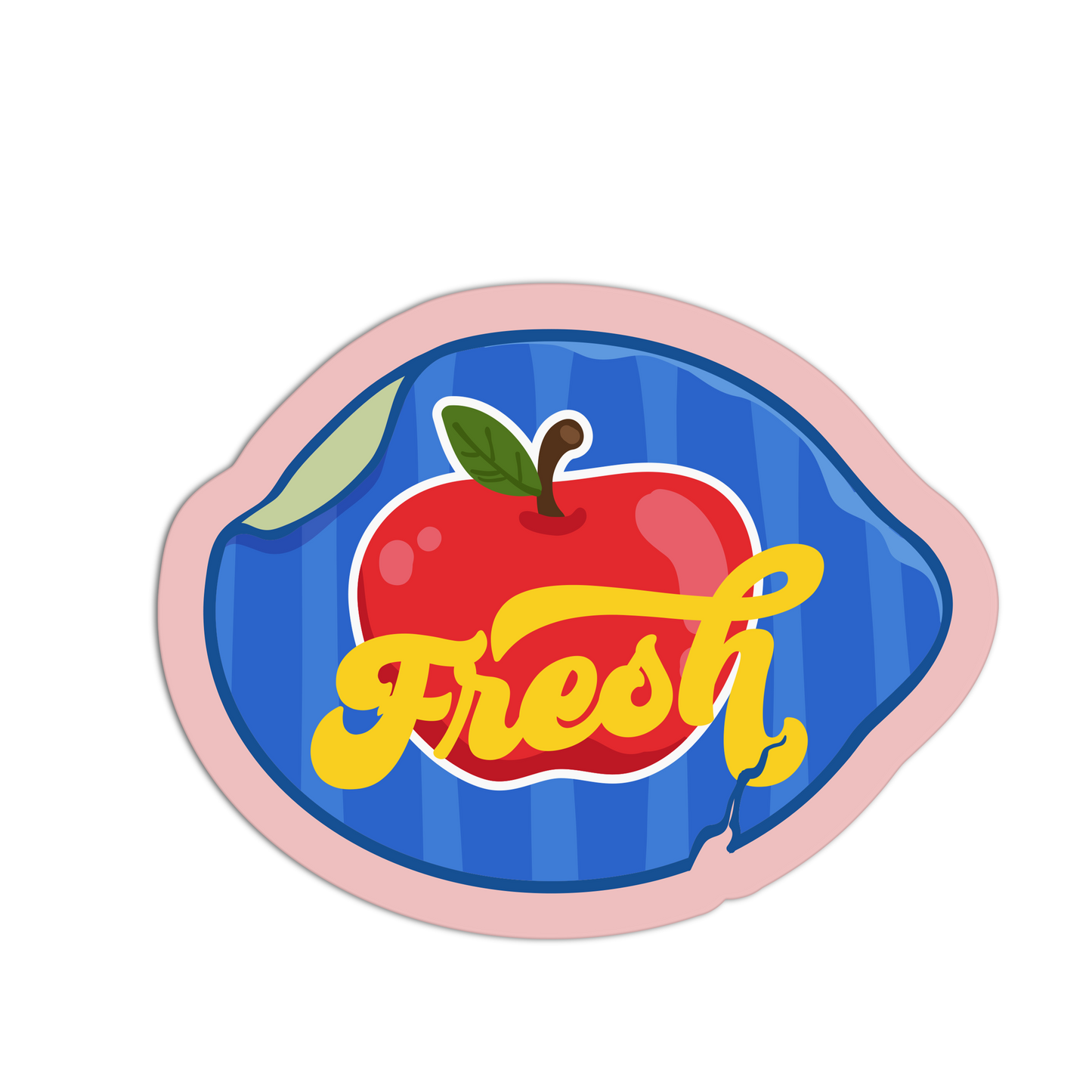 A die-cut sticker featuring a cartoon red apple with a green leaf on a blue striped background, overlaid with the word 'Fresh' in yellow script, all set within a pink border on a white background.