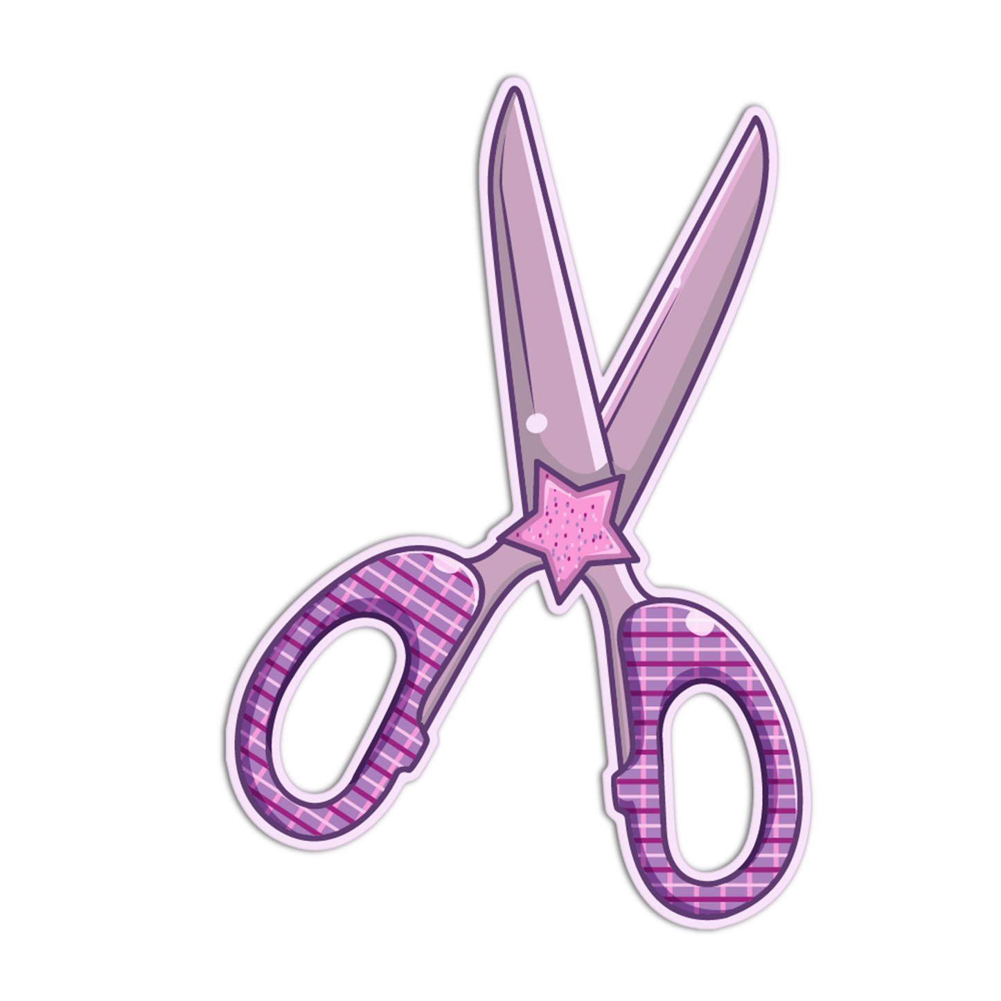 Pink scissors with a star design on a white background