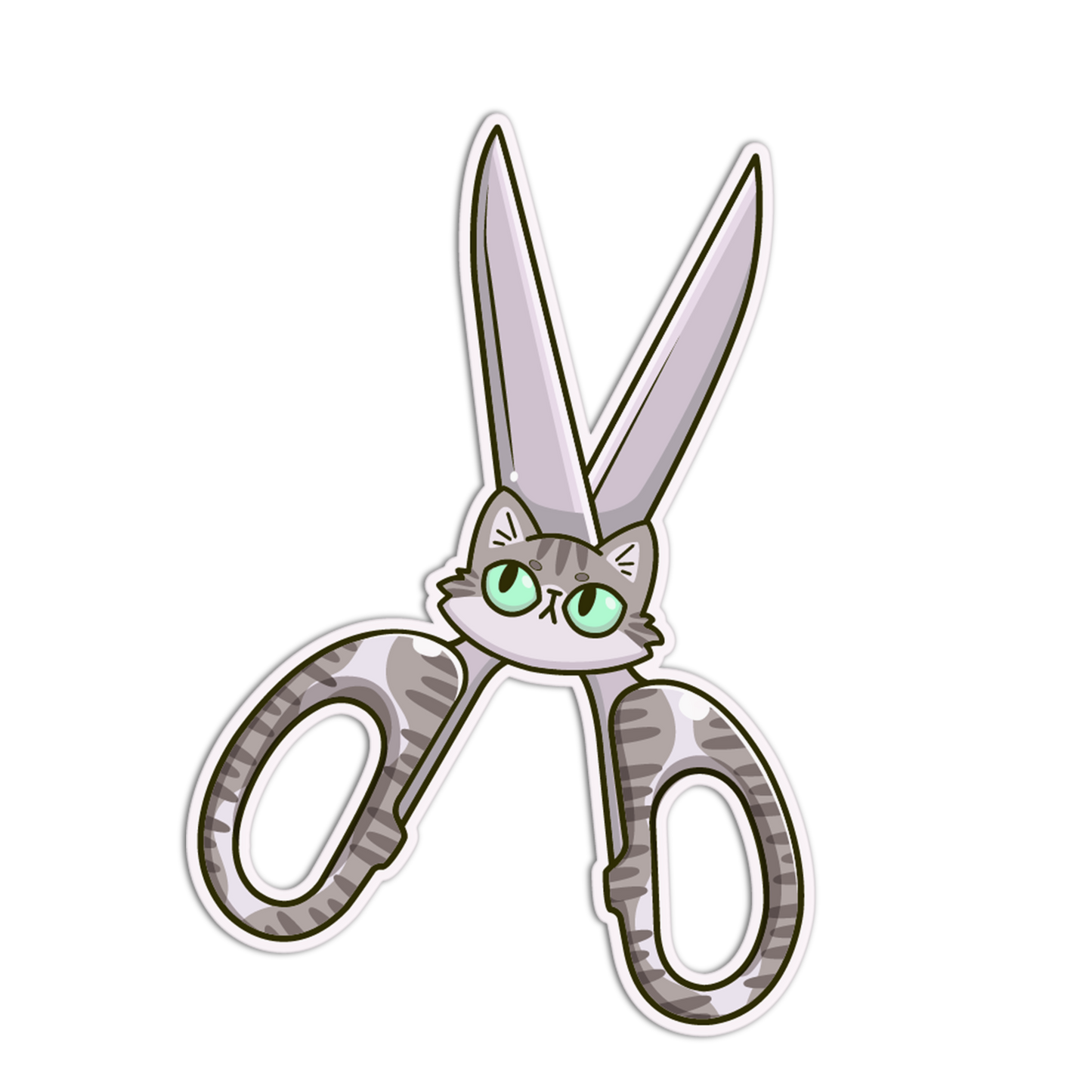 Cartoon cat face design on a pair of scissors with a white background