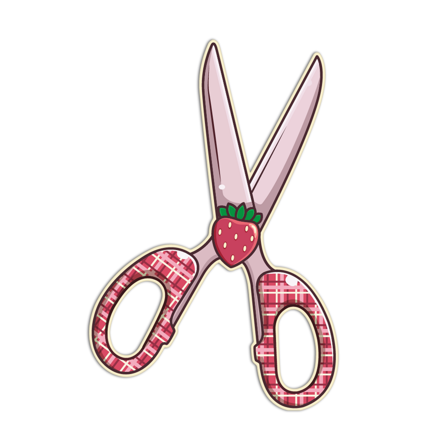 Pink plaid scissors with a strawberry design on a white background