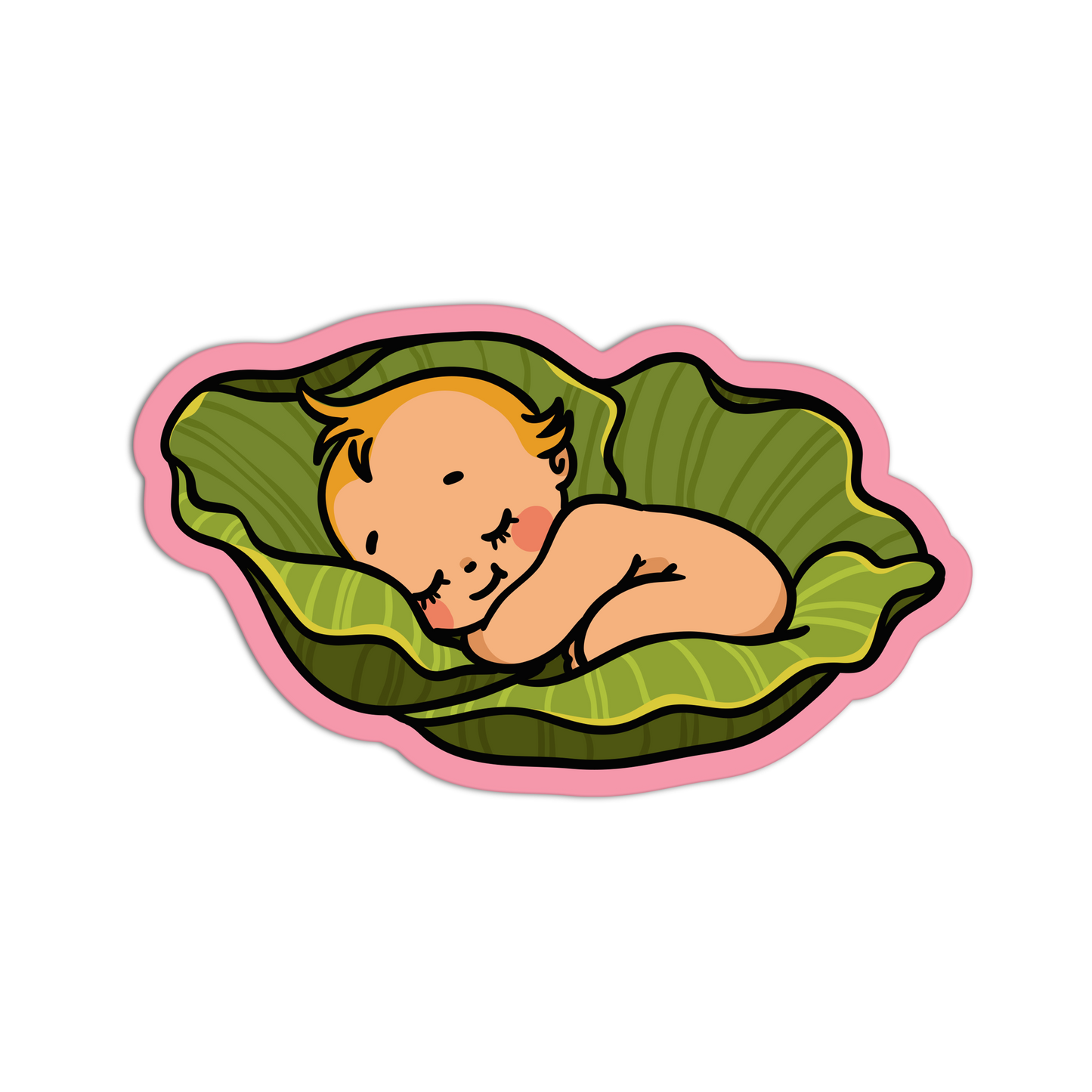 Illustration of a baby lying on a green leaf with a pink border