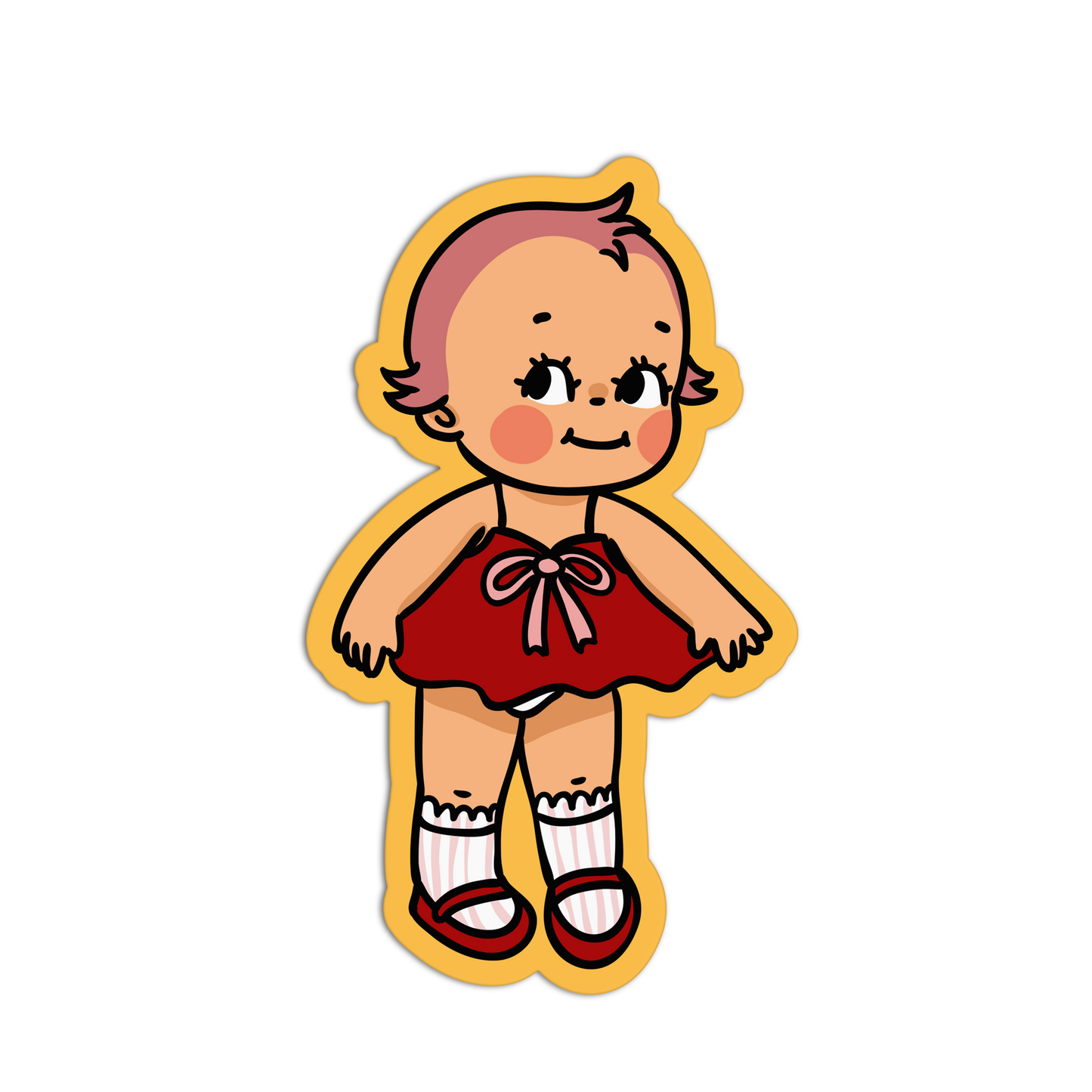Cartoon-style illustration of a baby in a red dress with a yellow border on a white background