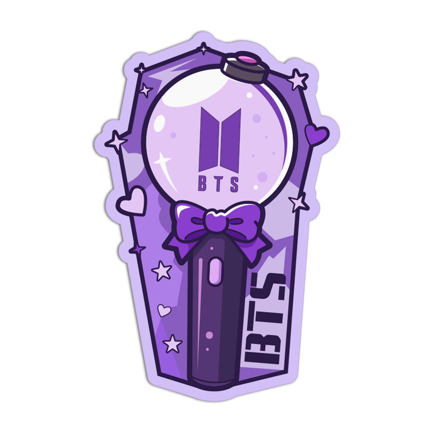 Purple BTS-themed sticker with a magnifying glass and bow design on a white background