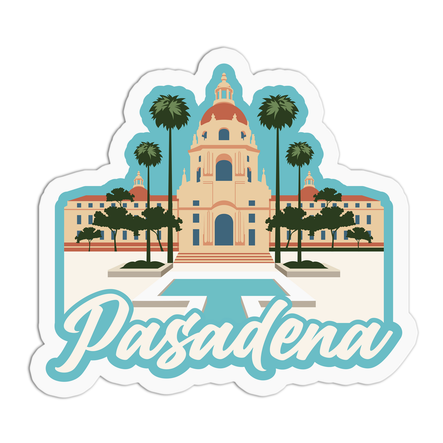 Sticker with a building, palm trees, and the word 'Pasadena' on a white background