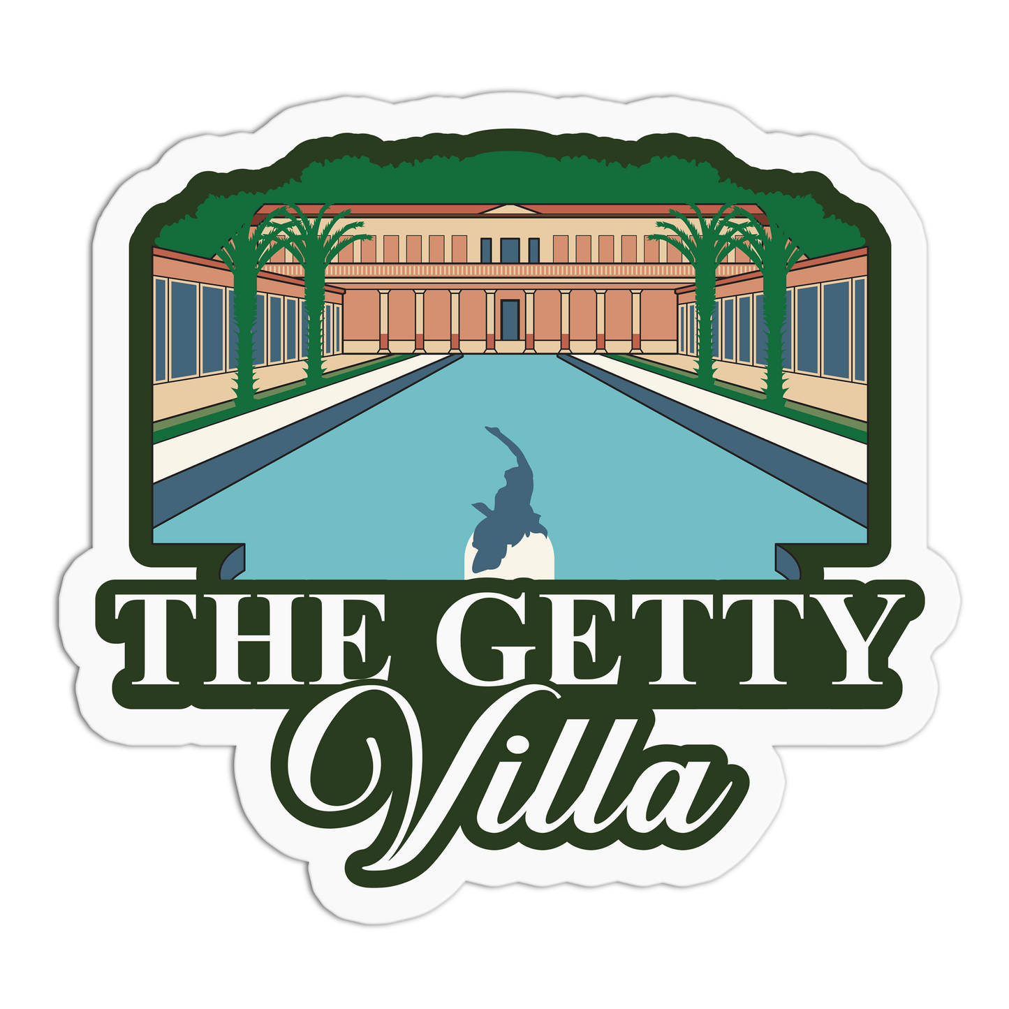 Logo of The Getty Villa with a pool and building illustration.
