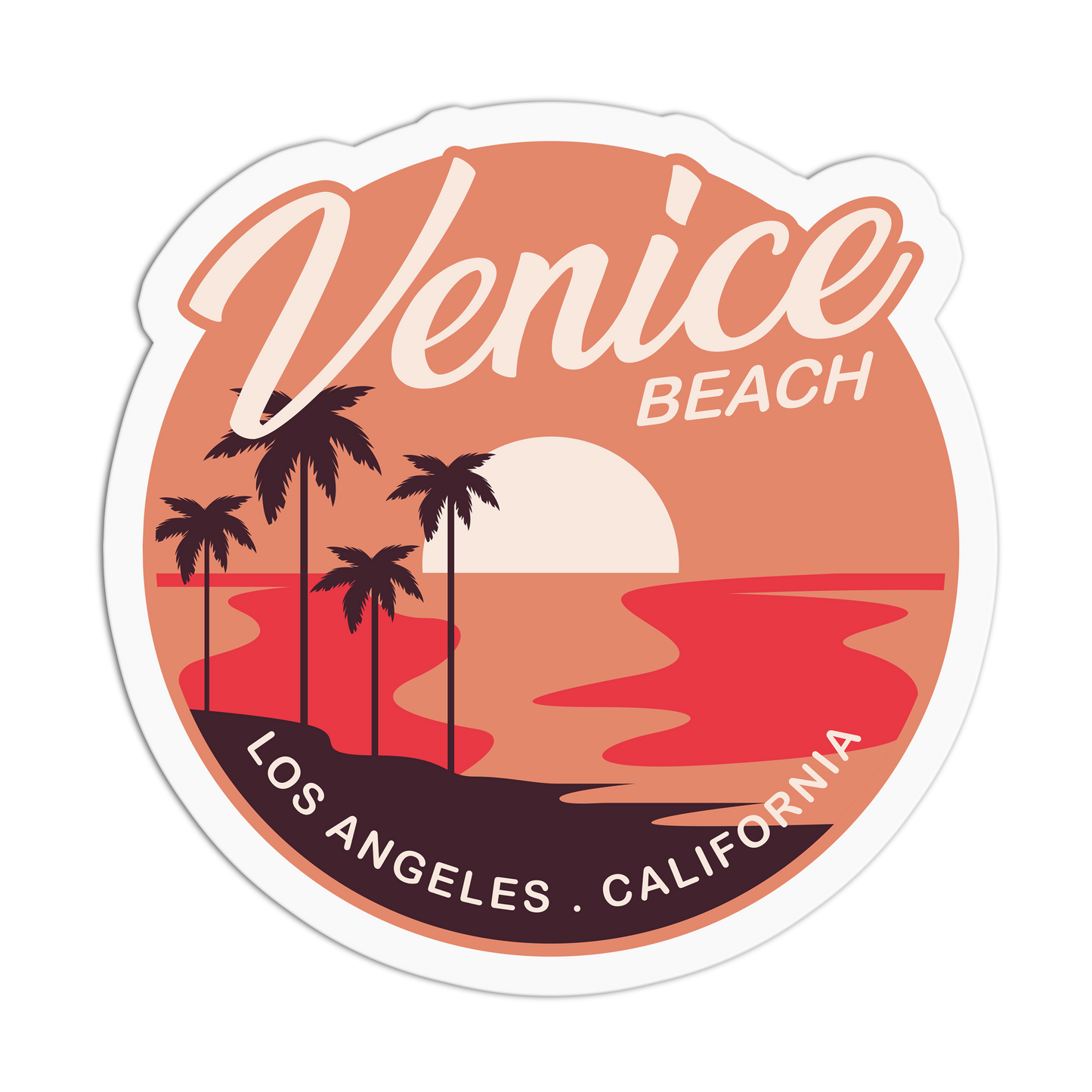 Sticker with 'Venice Beach, Los Angeles, California' design featuring palm trees and a sunset.