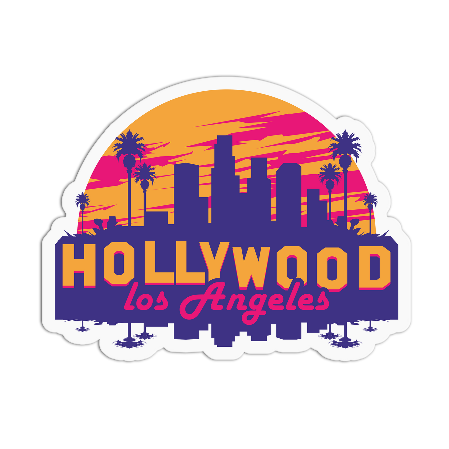 Hollywood Los Angeles sticker with city skyline and palm trees on a white background