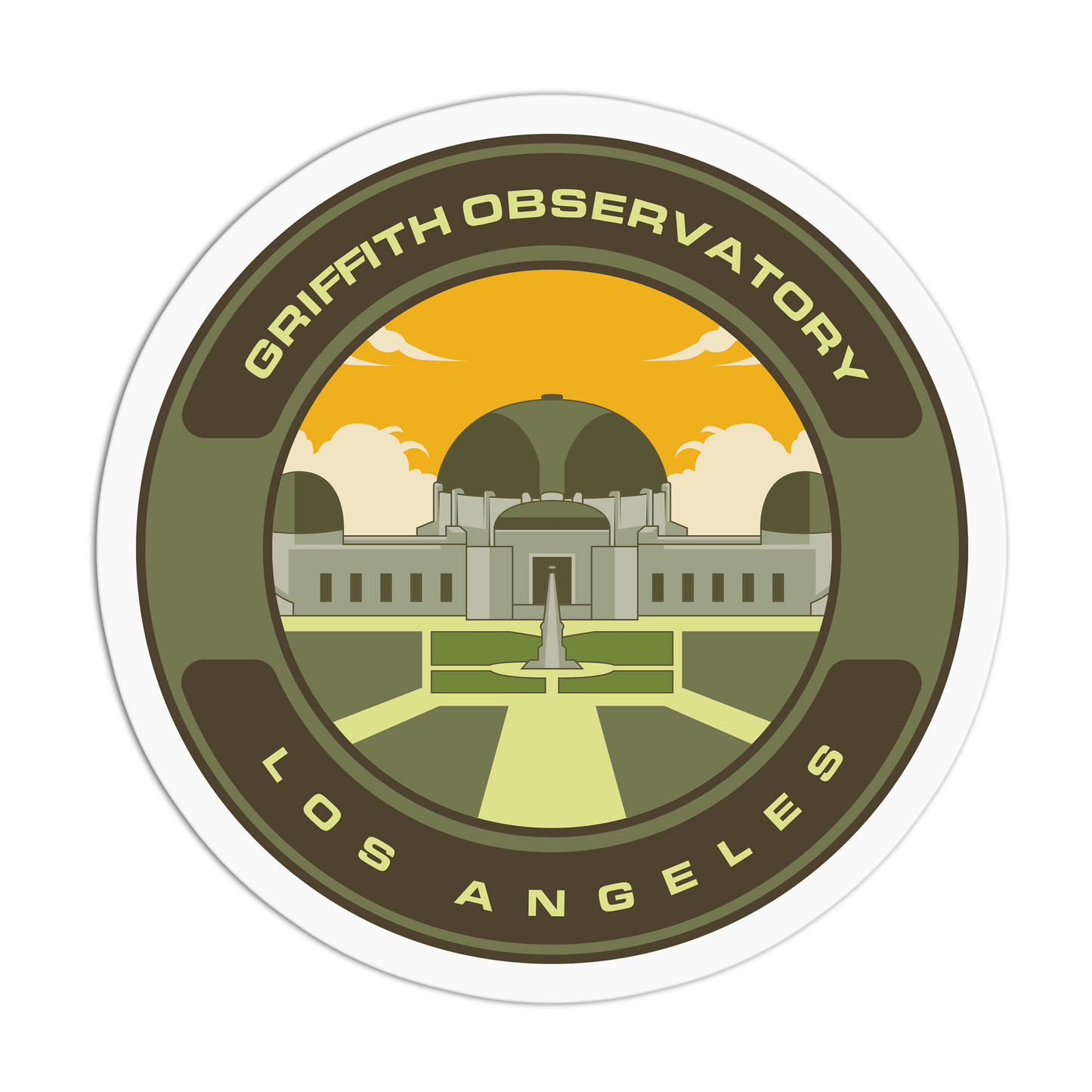 Circular sticker of Griffith Observatory in Los Angeles with a scenic design.