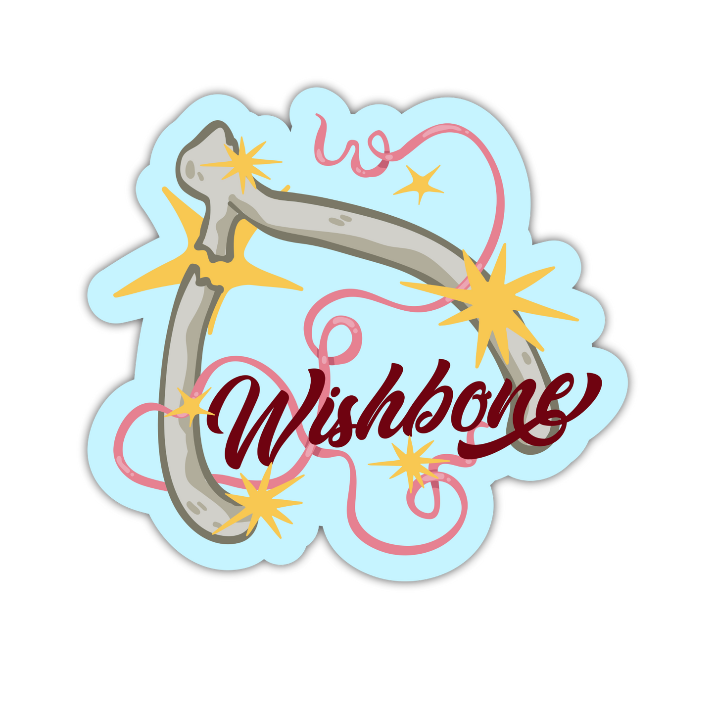 Sticker with a horseshoe and 'Wishbone' text on a light blue background