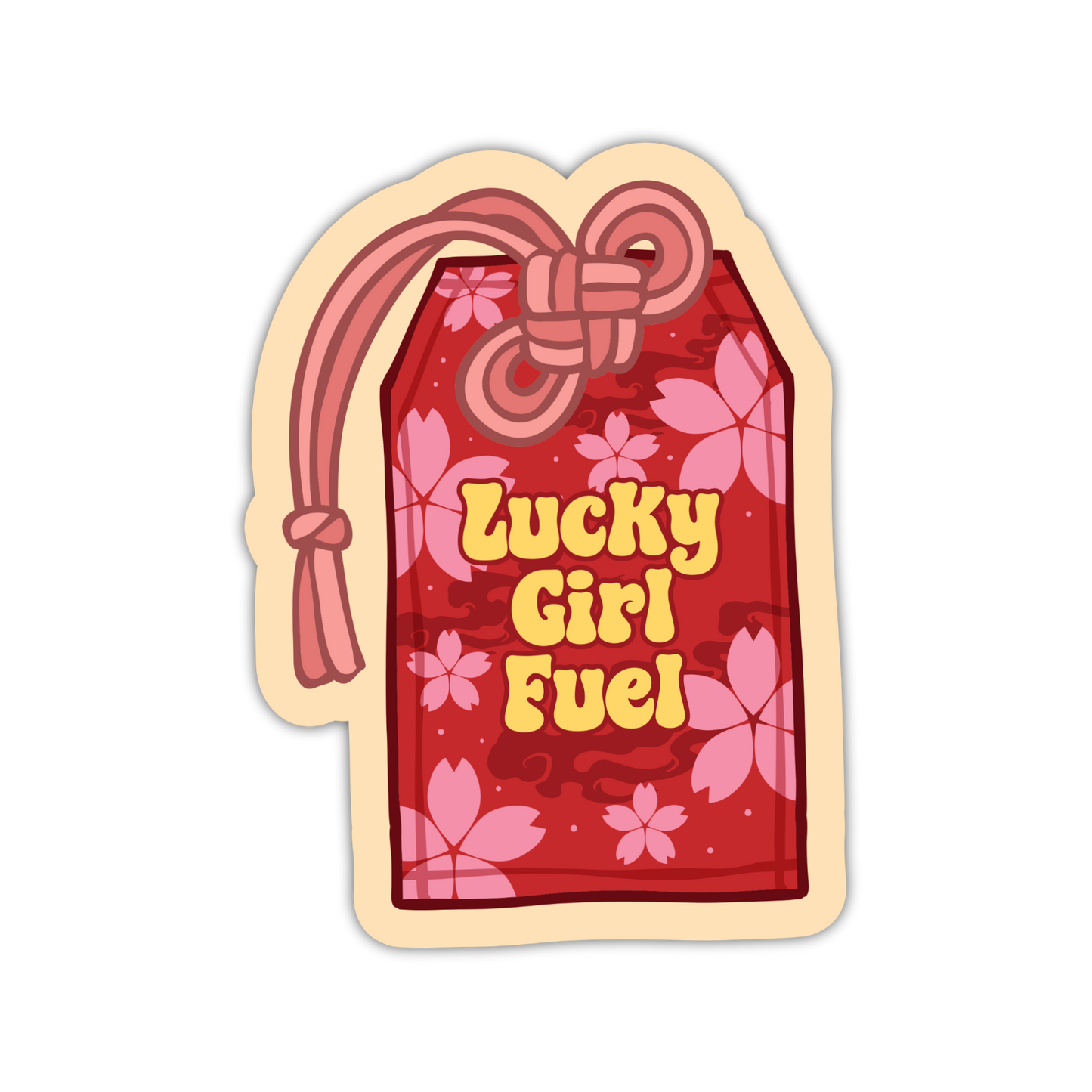 Sticker with 'Lucky Girl Fuel' text and floral design on a red background