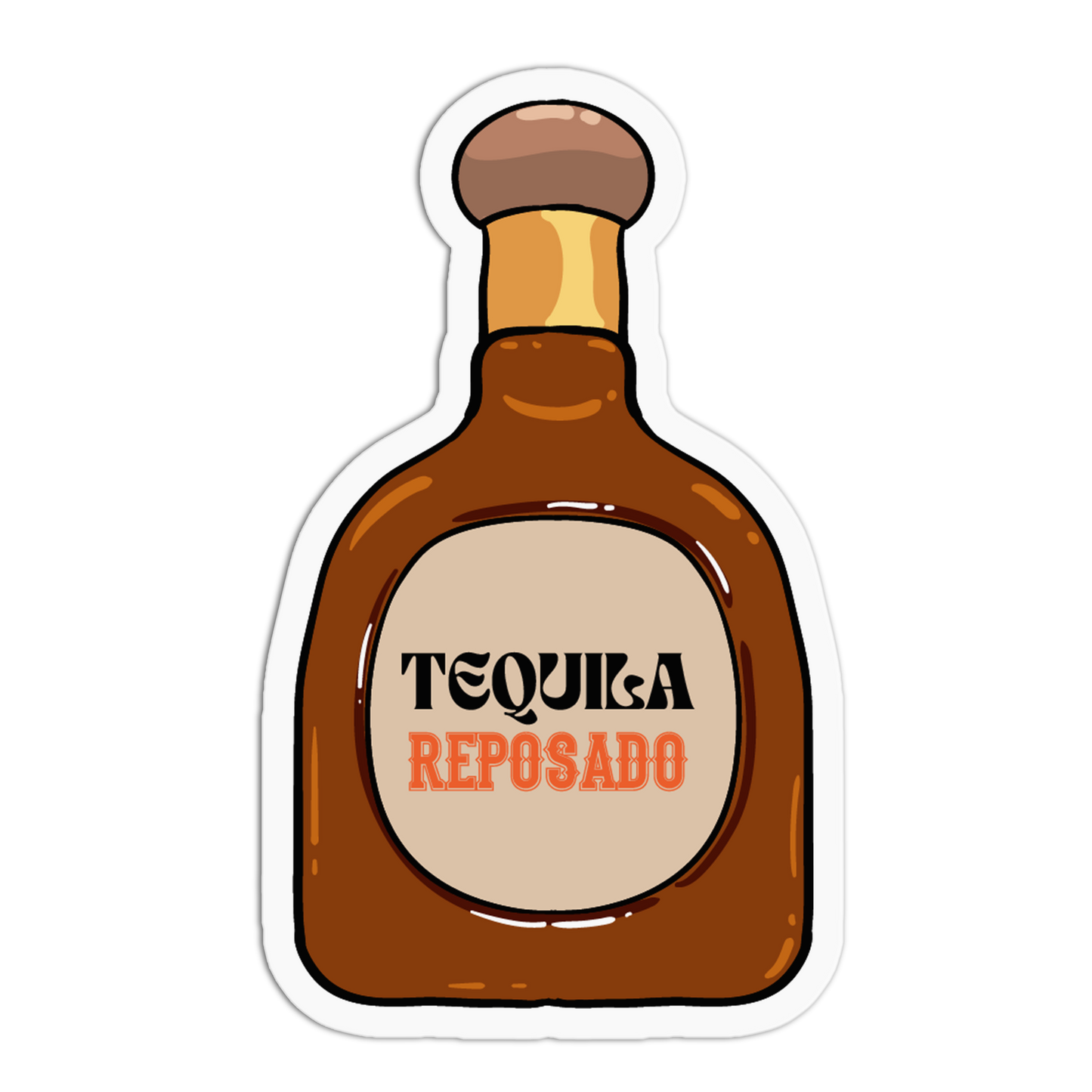 A die-cut sticker depicting a cartoon tequila bottle with the words 'TEQUILA REPOSADO' printed on the front, shown on a plain white background.