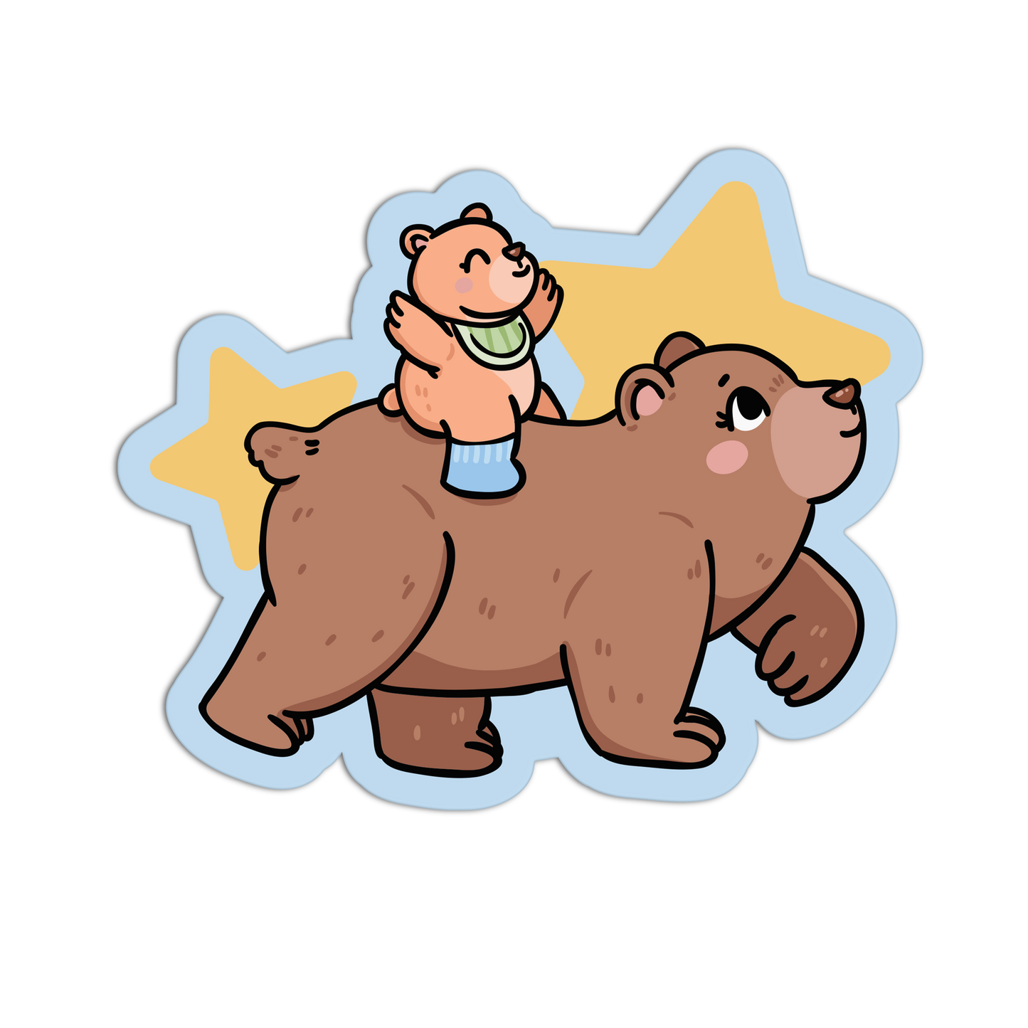 Cartoon bear with a smaller bear on its back, against a white background