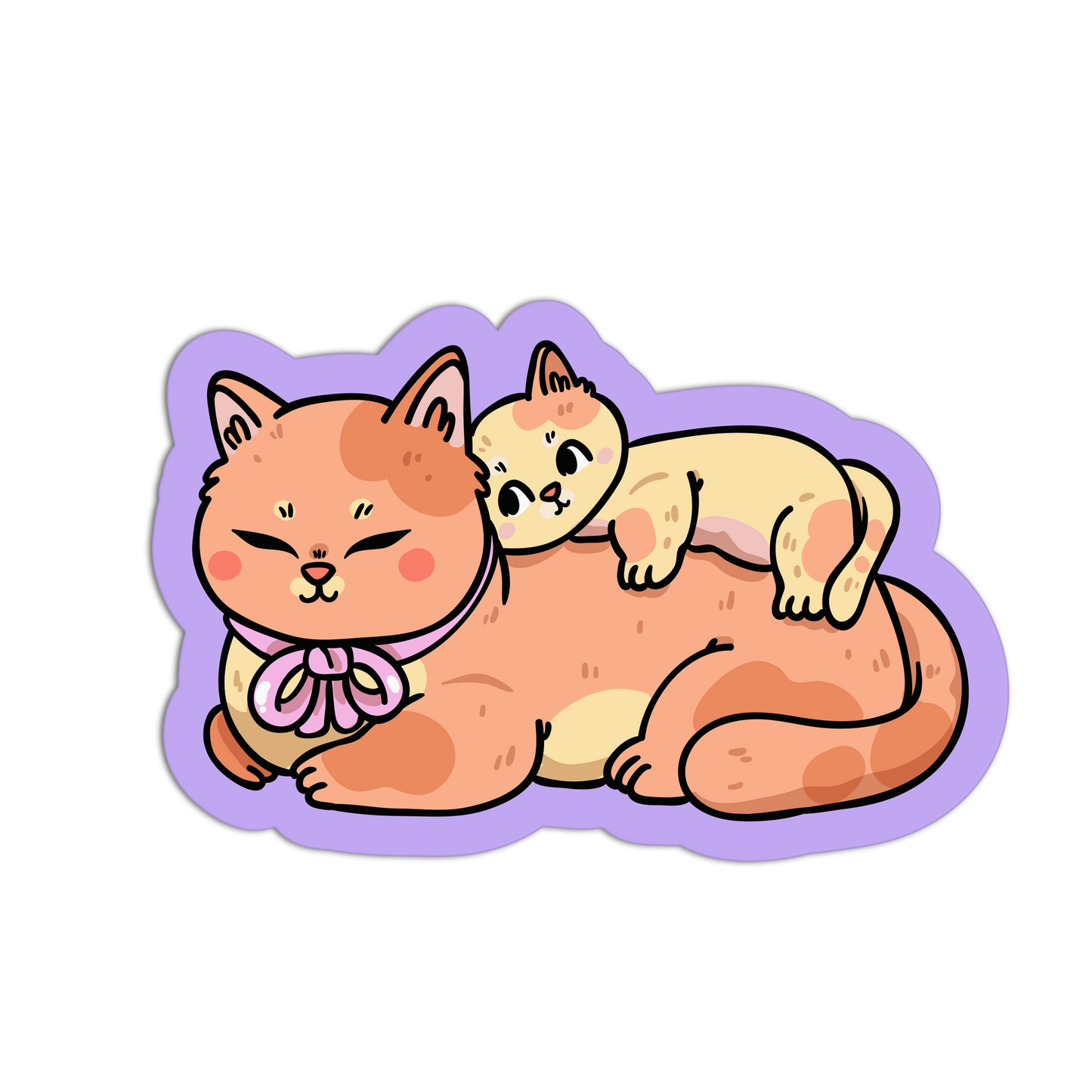 Cartoon cat and dog sticker with a purple border on a white background