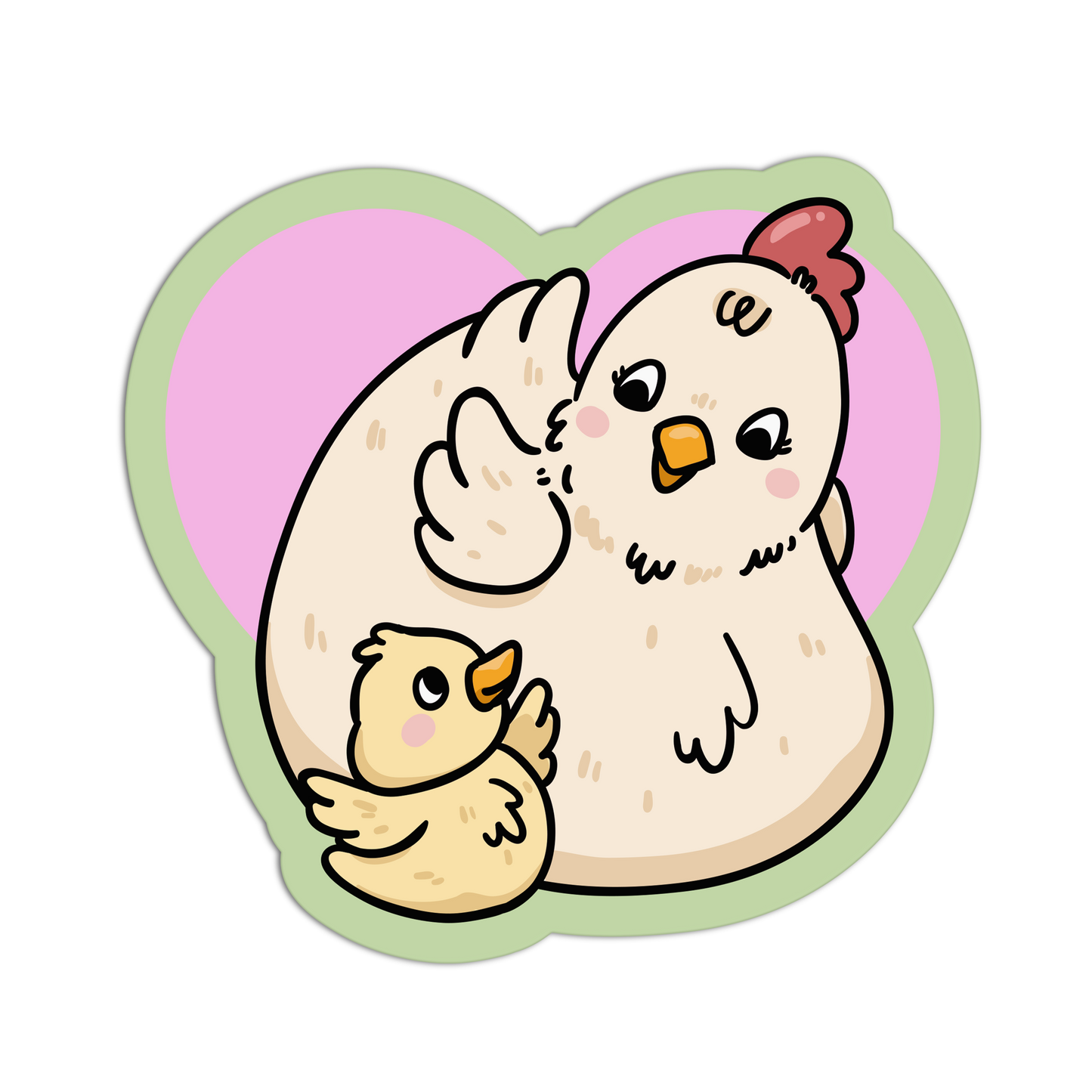 Cartoon illustration of a mother chicken and her chick with a pink heart background