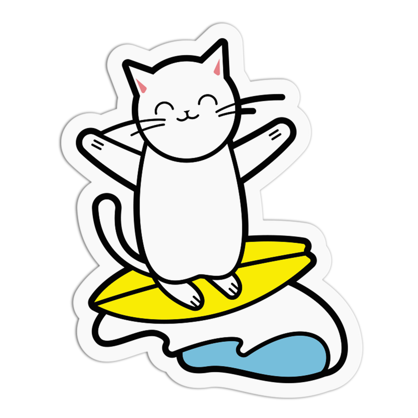 Cartoon cat on a yellow surfboard with a blue wave on a white background