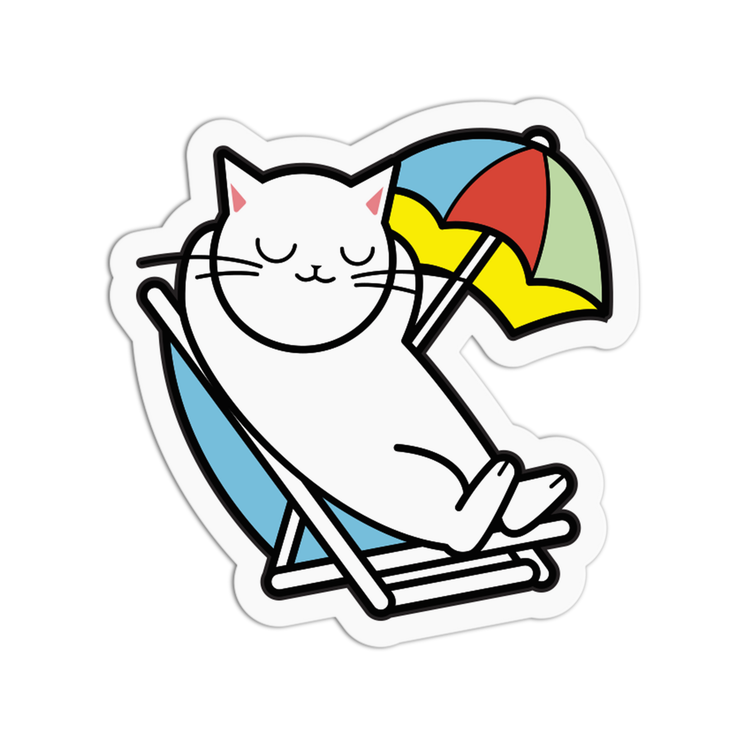 Cartoon cat lounging on a beach chair with a colorful umbrella
