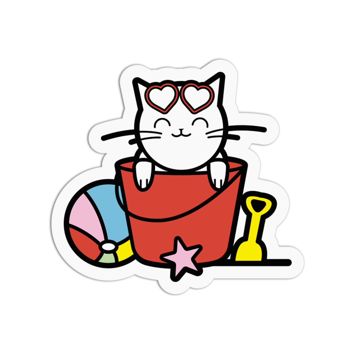 Cartoon cat with heart sunglasses in a sand bucket with toys on a white background