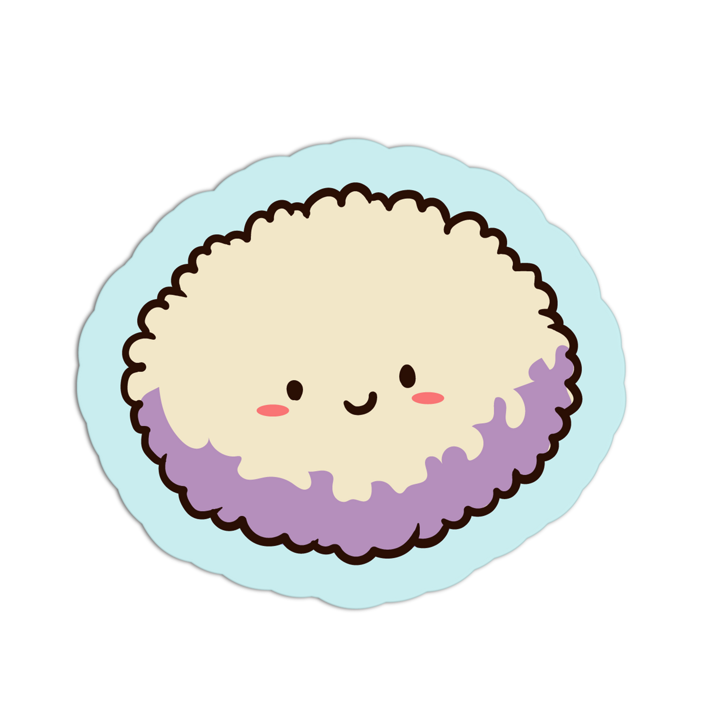 Cute cartoon-style rice ball with a smiling face on a light blue background