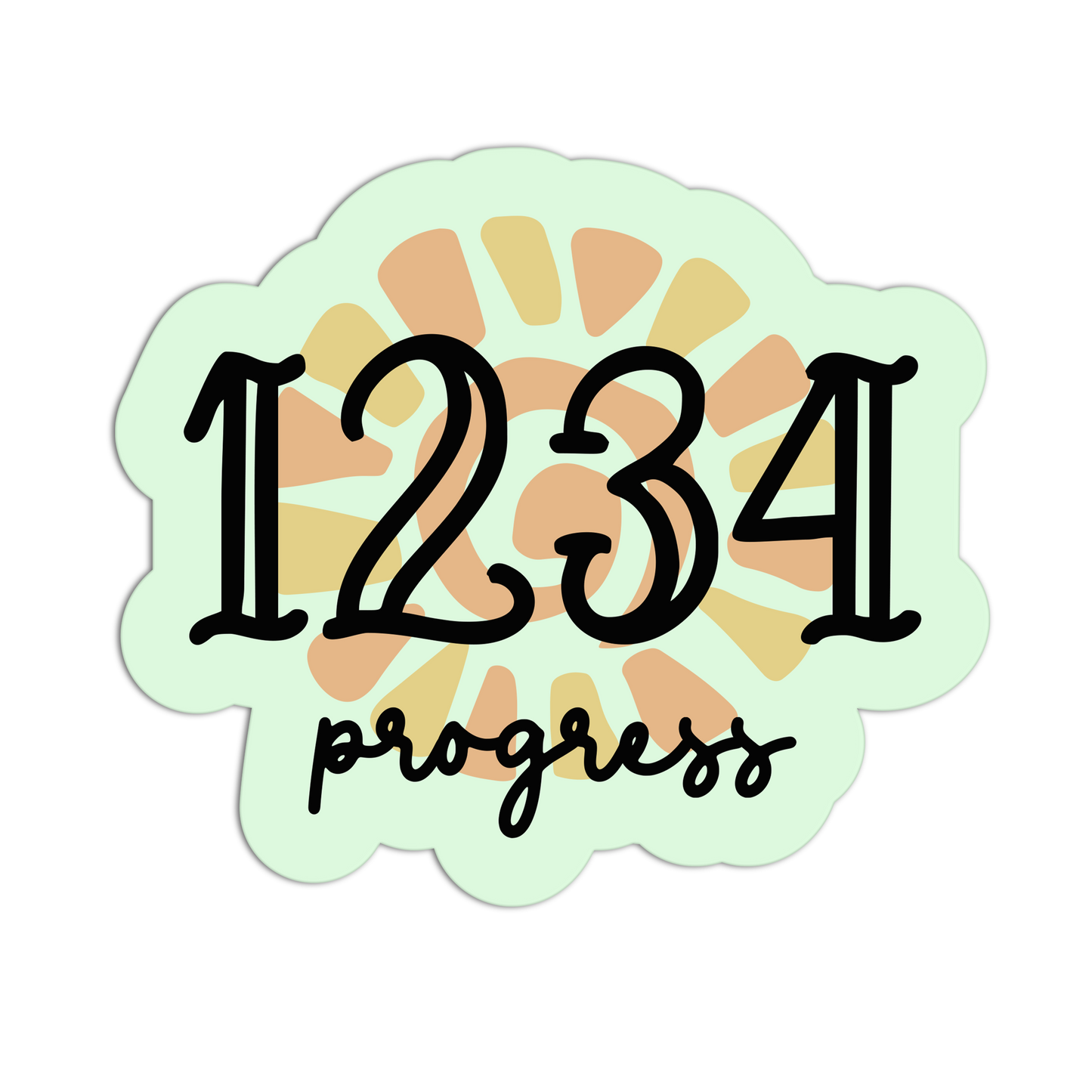Decorative number '1234' with a sunburst pattern and 'progress' text on a light green background.