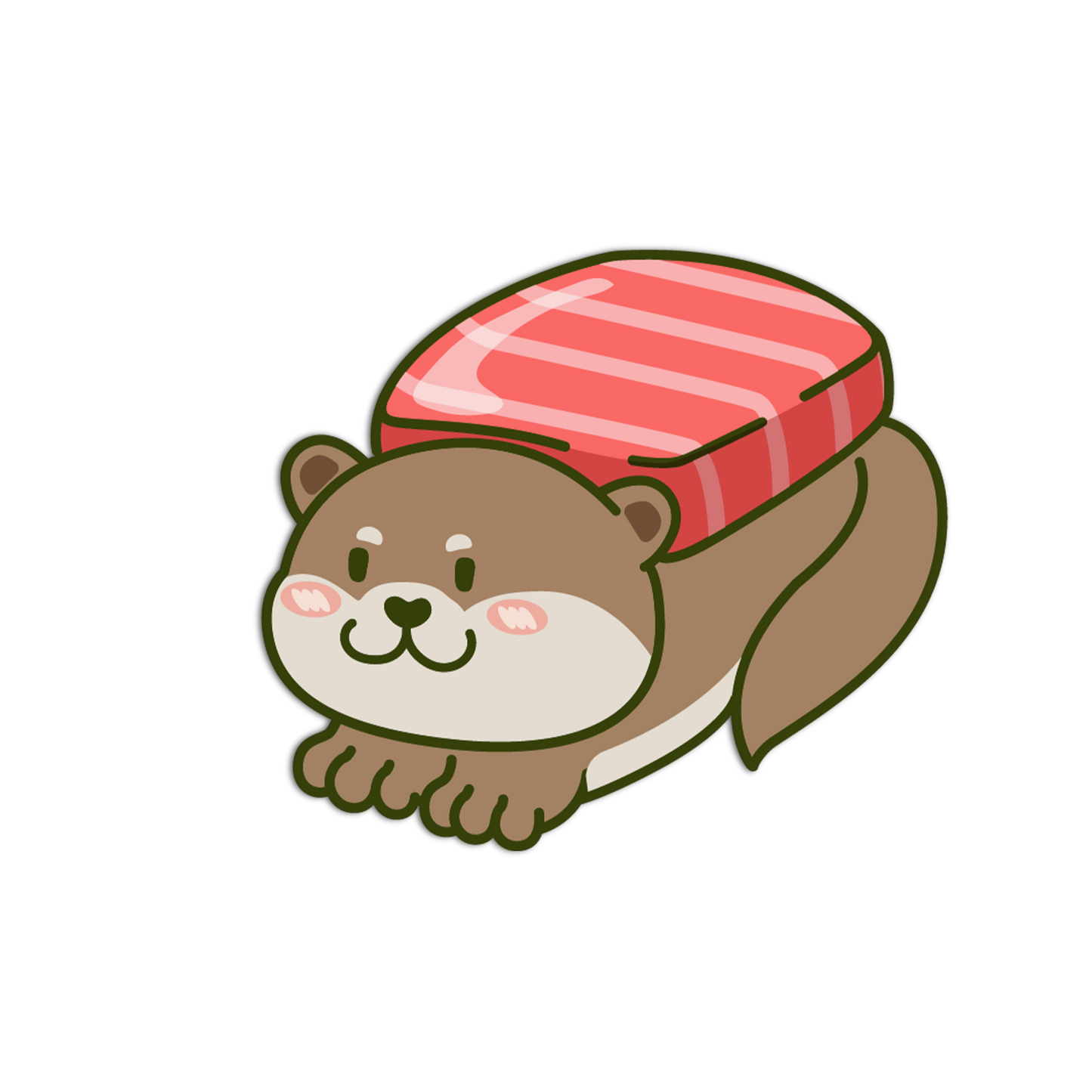 Cartoon otter with a piece of sushi on a white background