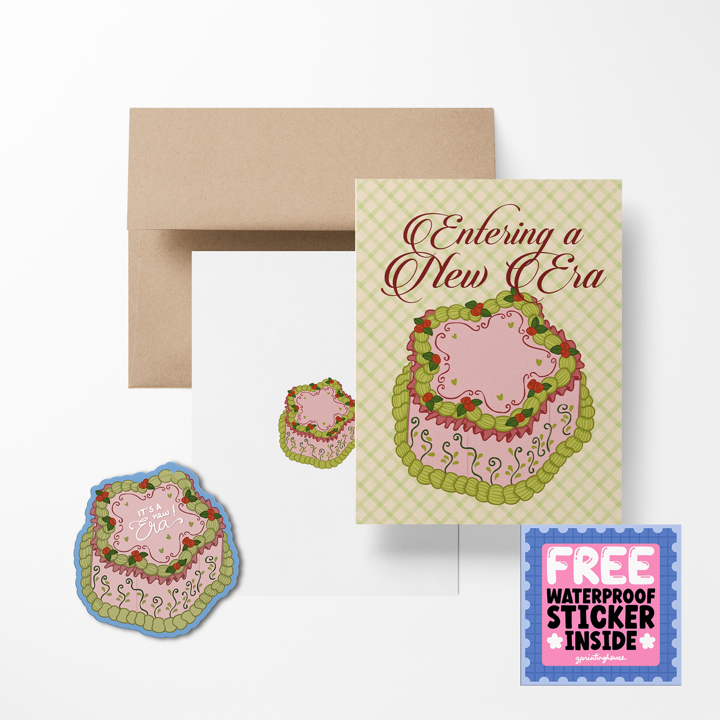 Greeting card with envelope and sticker, featuring text 'Entering a New Era' and decorative elements.