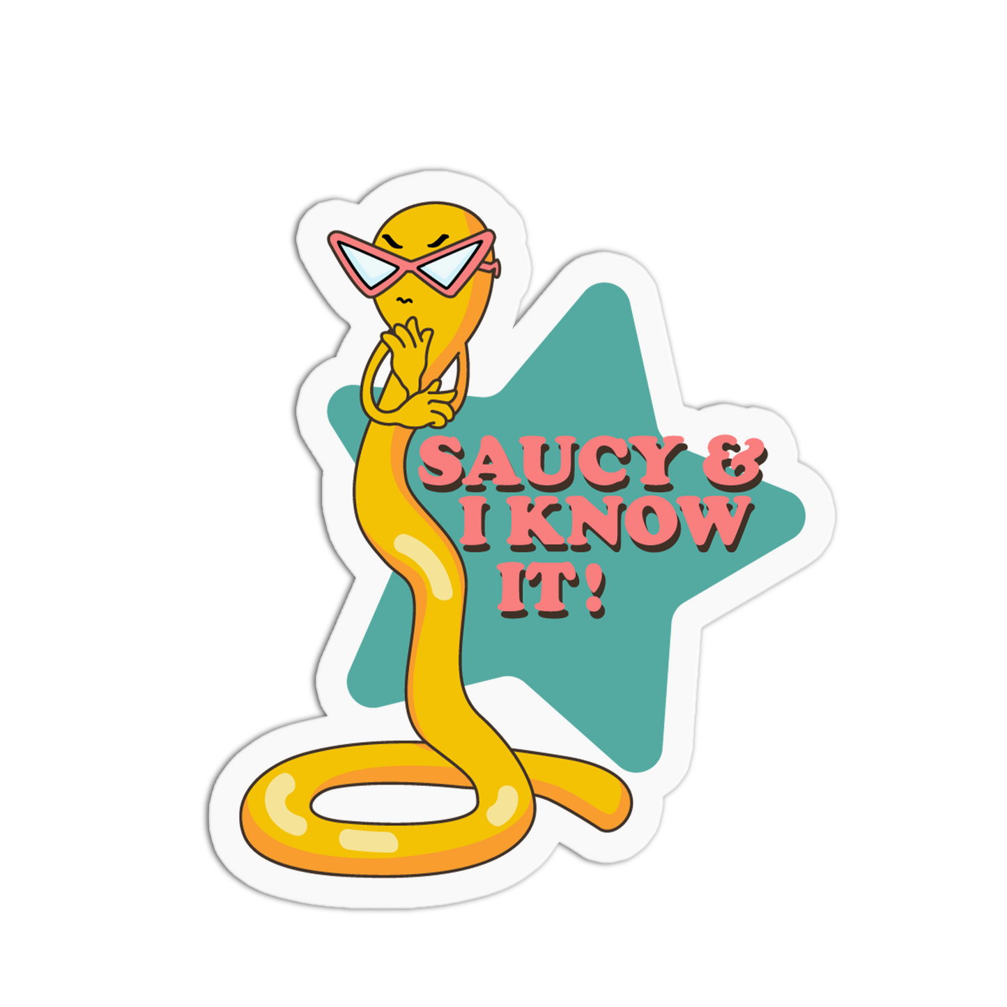 Sticker with a snake wearing sunglasses and text 'Saucy & I Know It!' on a star-shaped background.