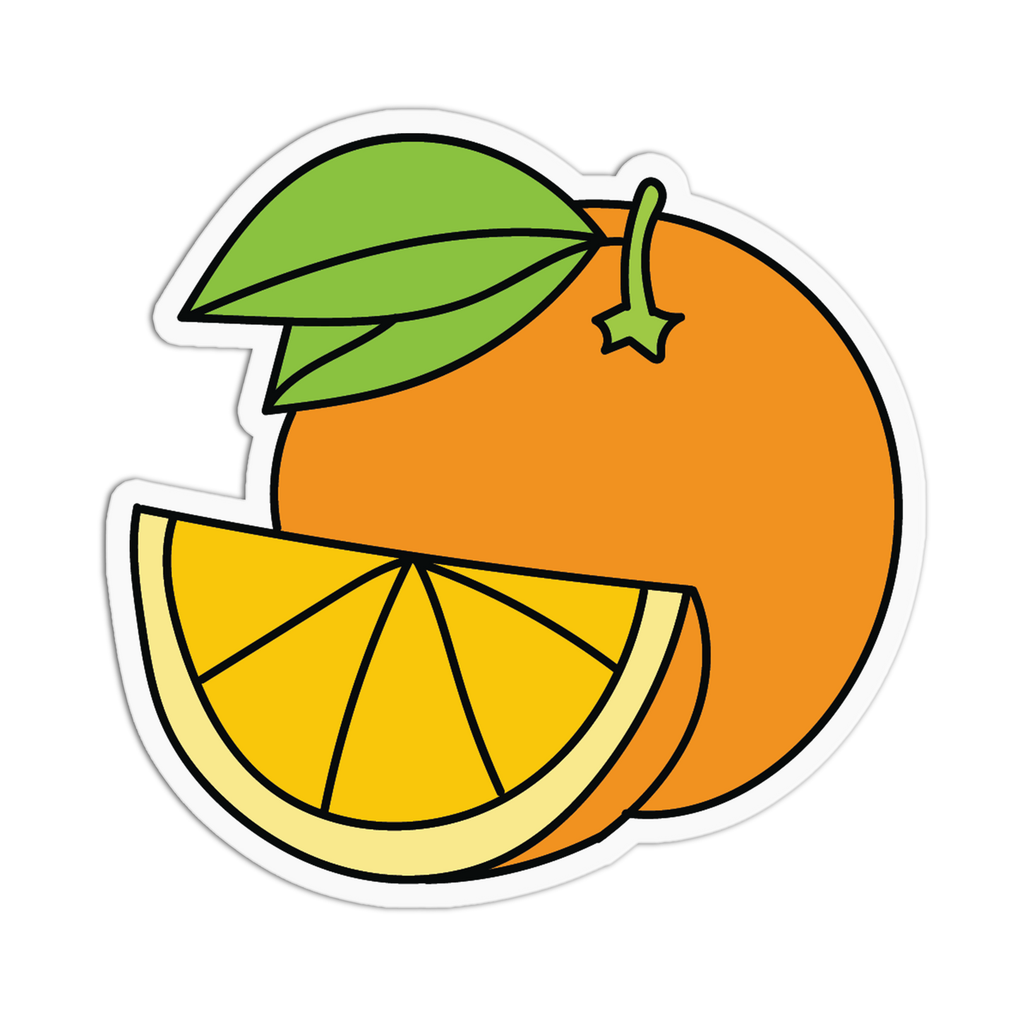 Illustration of an orange with a slice and a green leaf on a white background