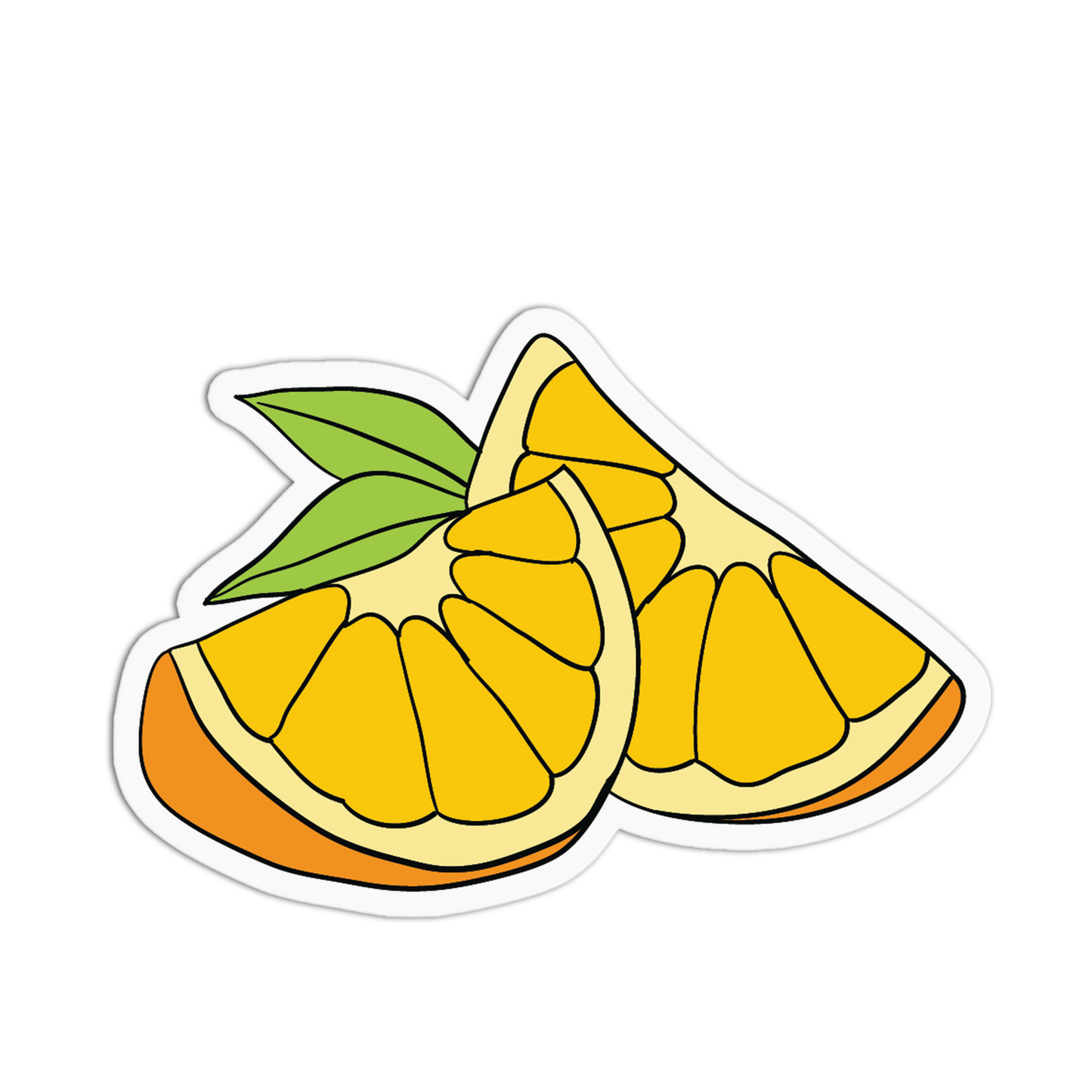 Illustration of a sliced orange with a green leaf on a transparent background
