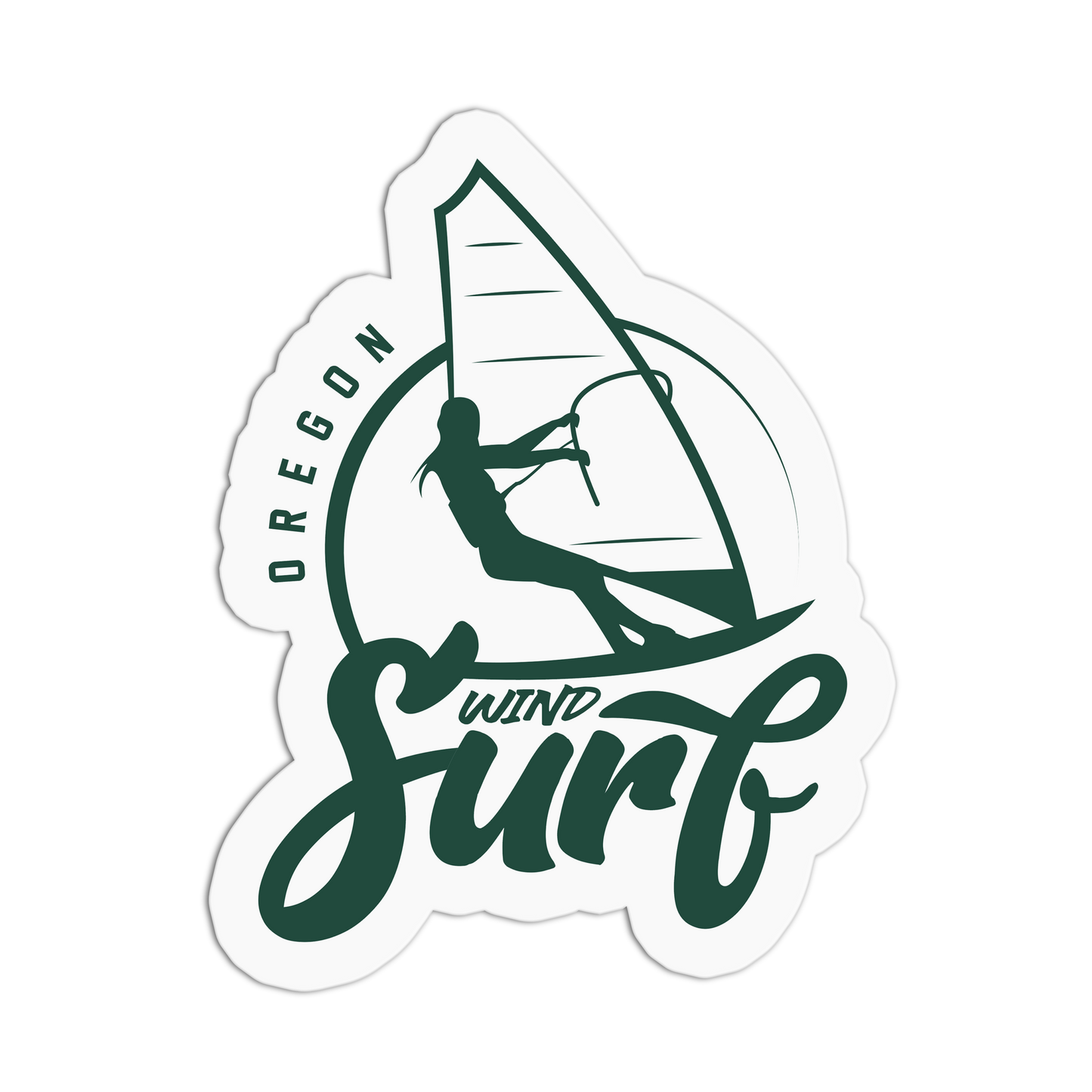 Sticker with 'Oregon Wind Surf' design featuring a windsurfer on a white background