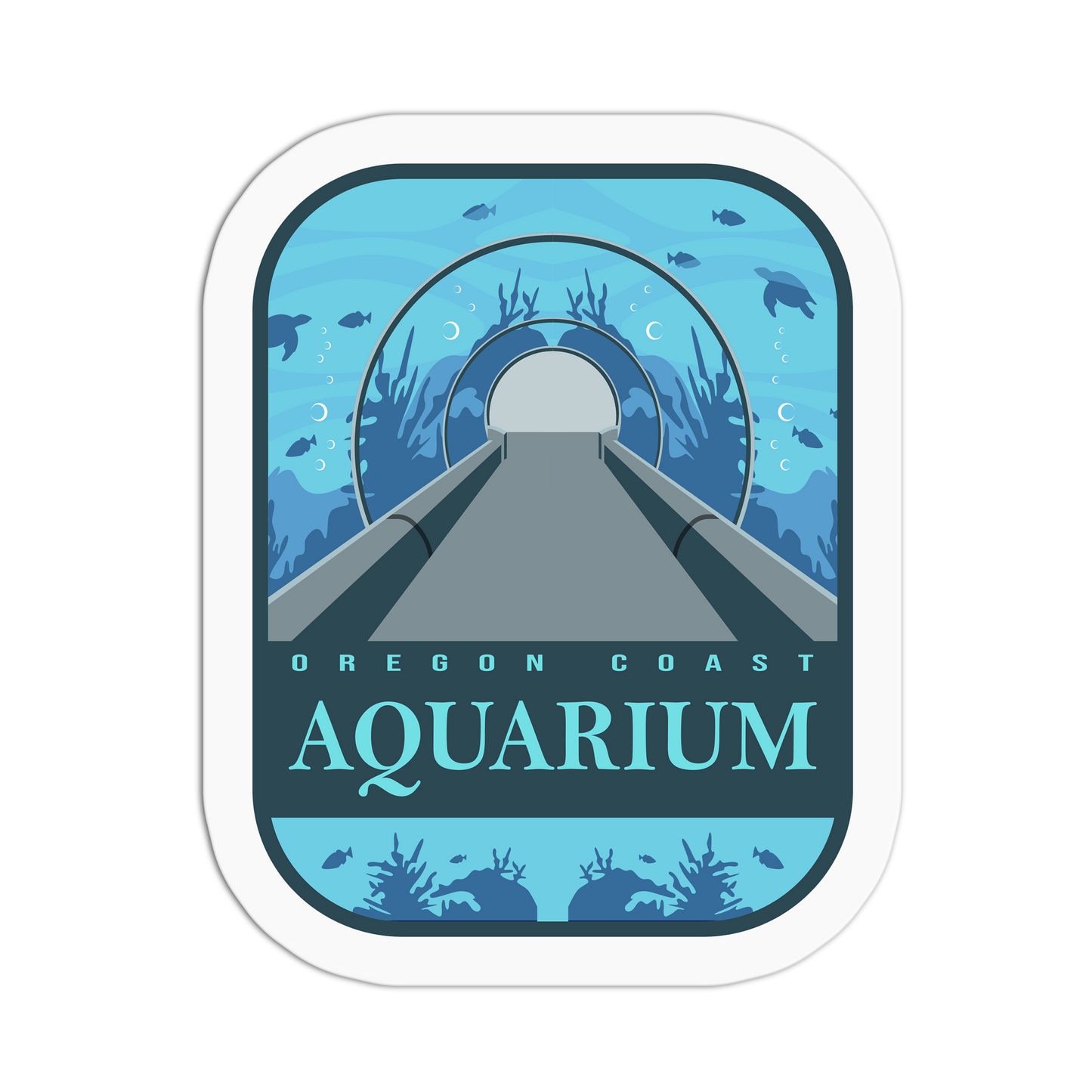 Sticker design of Oregon Coast Aquarium with underwater tunnel illustration