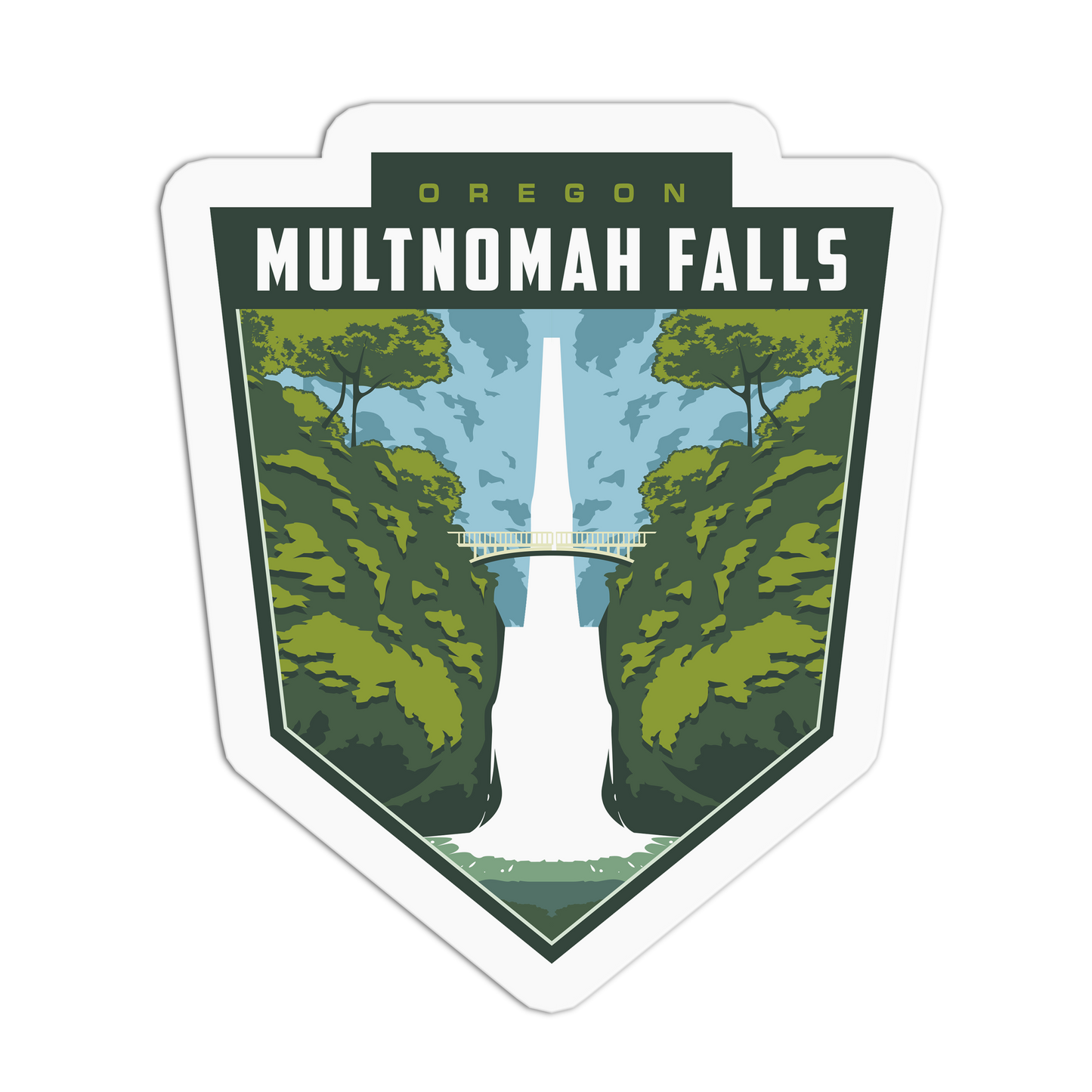 Sticker with 'Oregon Multnomah Falls' text and a scenic illustration of a waterfall.